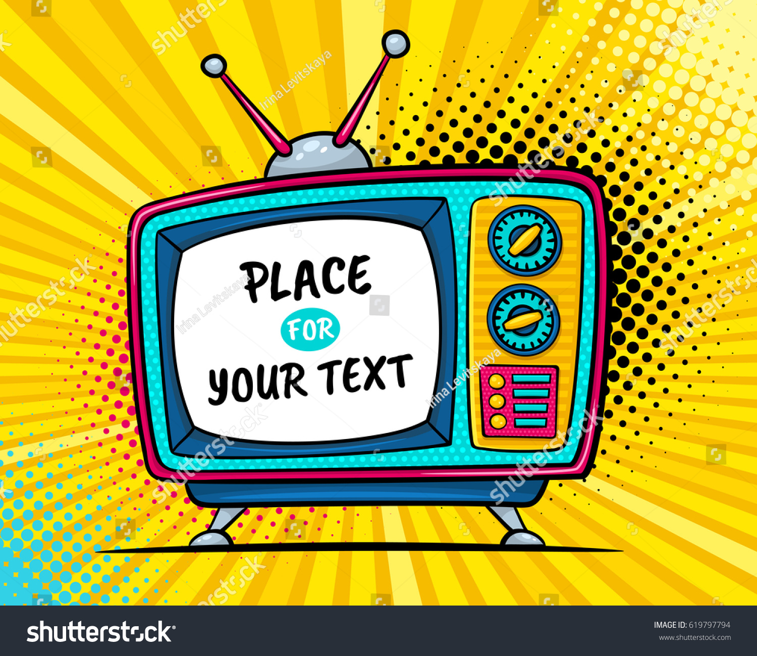 Hand drawn comic retro TV set with place for your text on screen on halftone and dots. Vector colorful background in pop art retro comic style.  #619797794