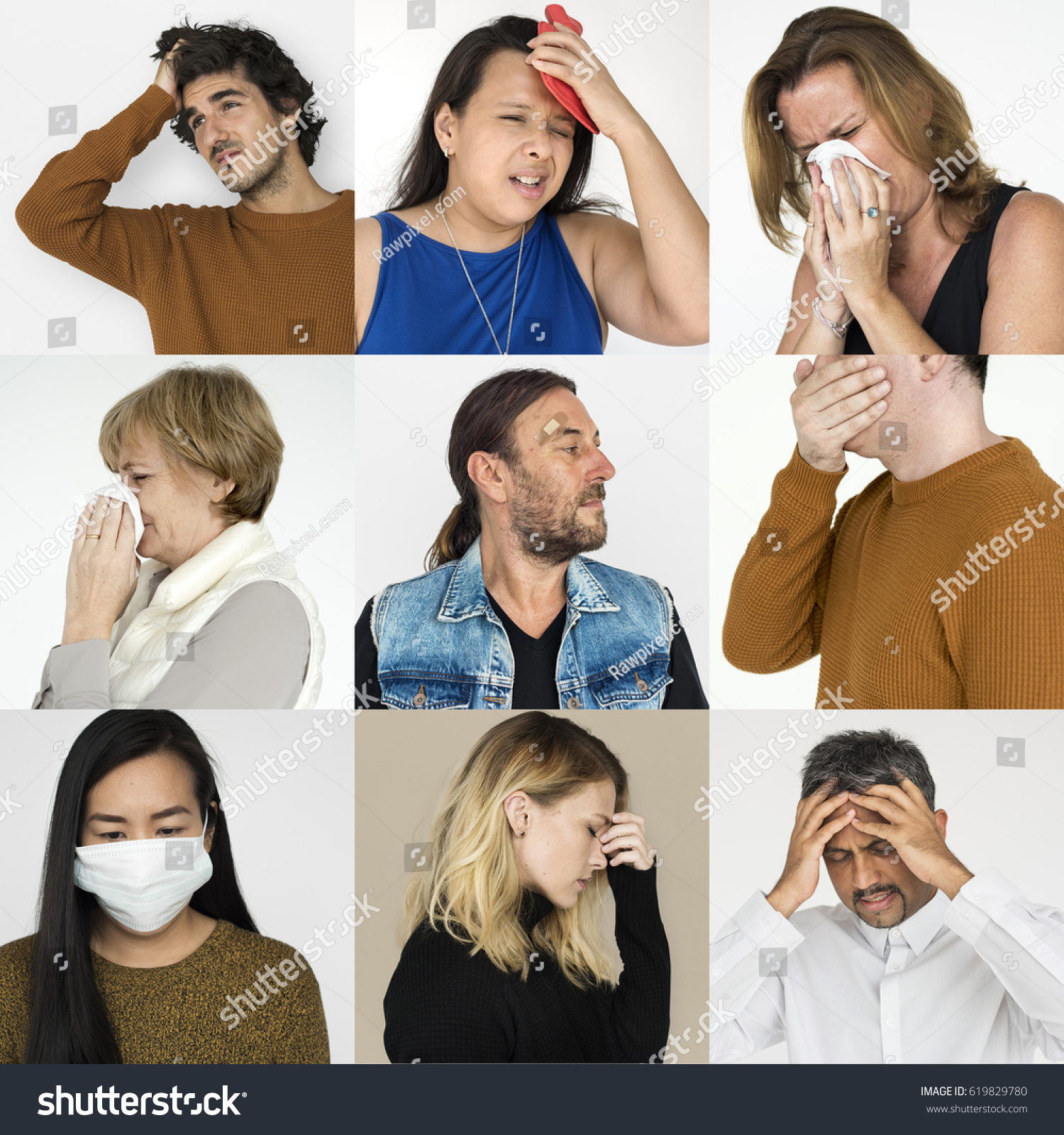 Collages diverse people illness symptoms #619829780