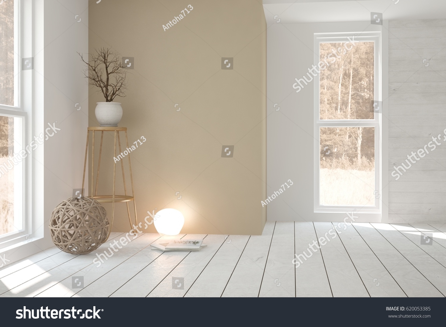White empty room with vase. Scandinavian interior design. 3D illustration #620053385