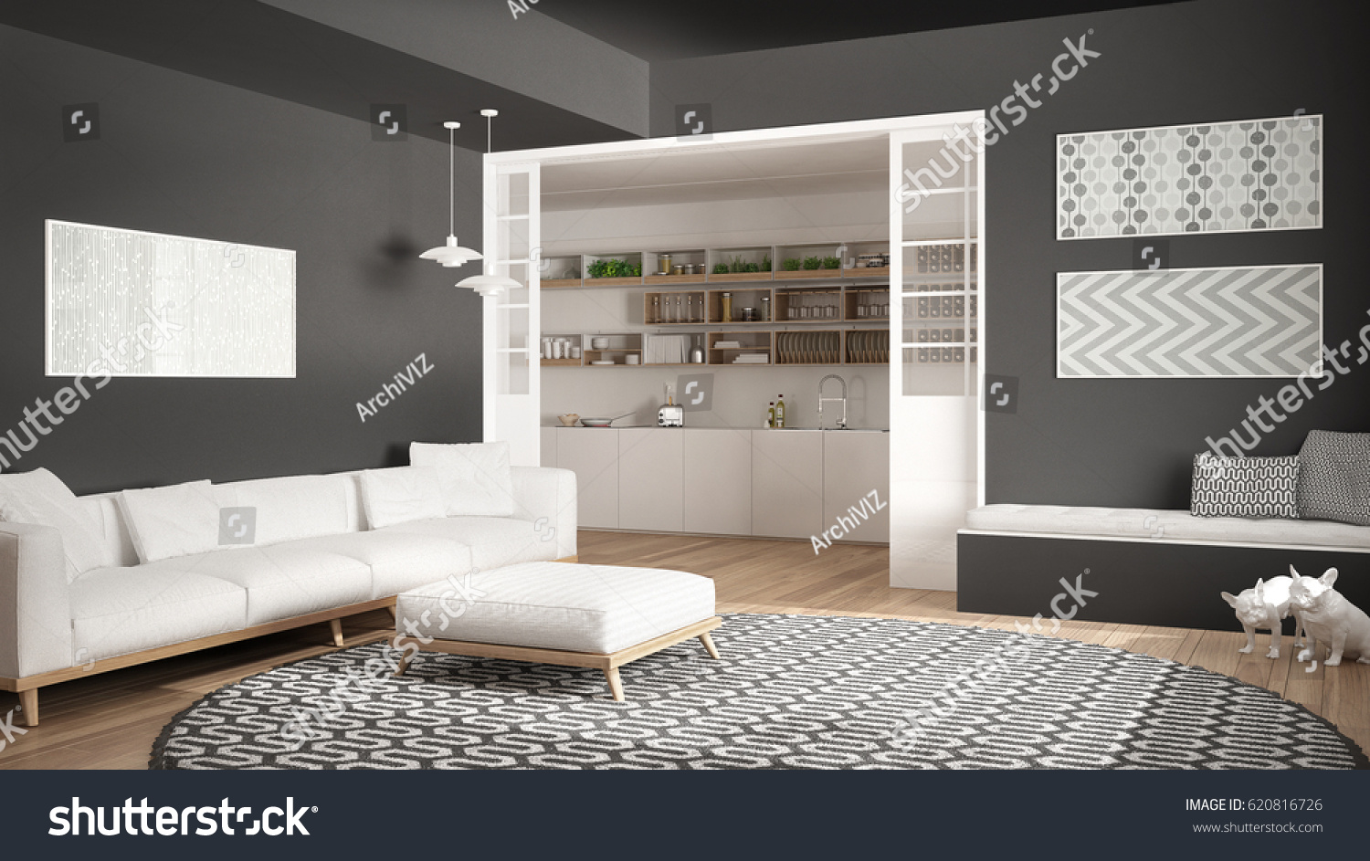 Minimalist living room with sofa, big round carpet and kitchen in the background, white and gray modern interior design, 3d illustration #620816726
