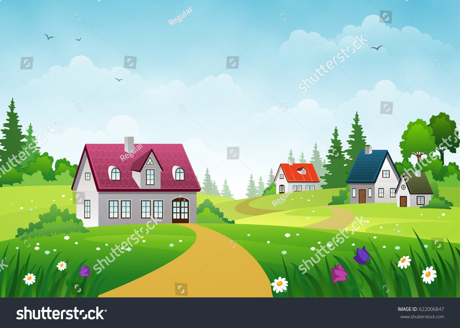 Village landscape with green lawns, hills and country houses under blue sky with clouds #622006847