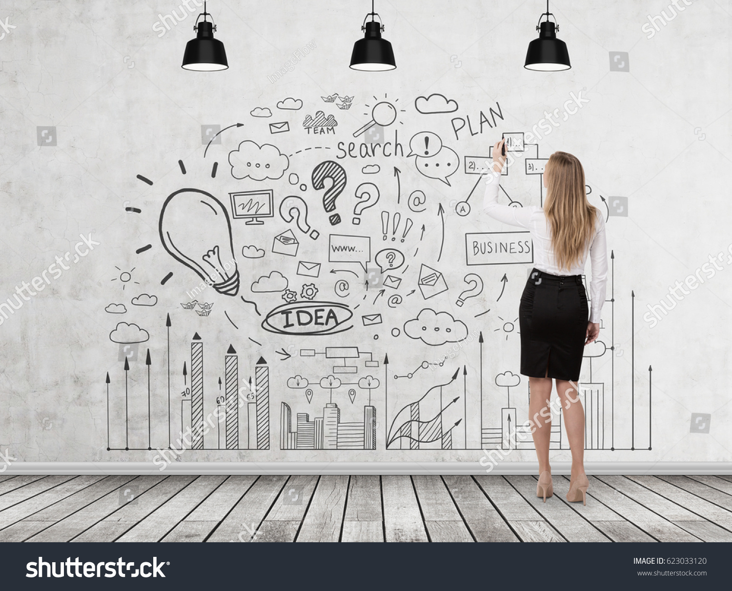 Rear view of a blond businesswoman wearing a black skirt drawing a business idea sketch on a concrete wall in a room with a wooden floor. #623033120