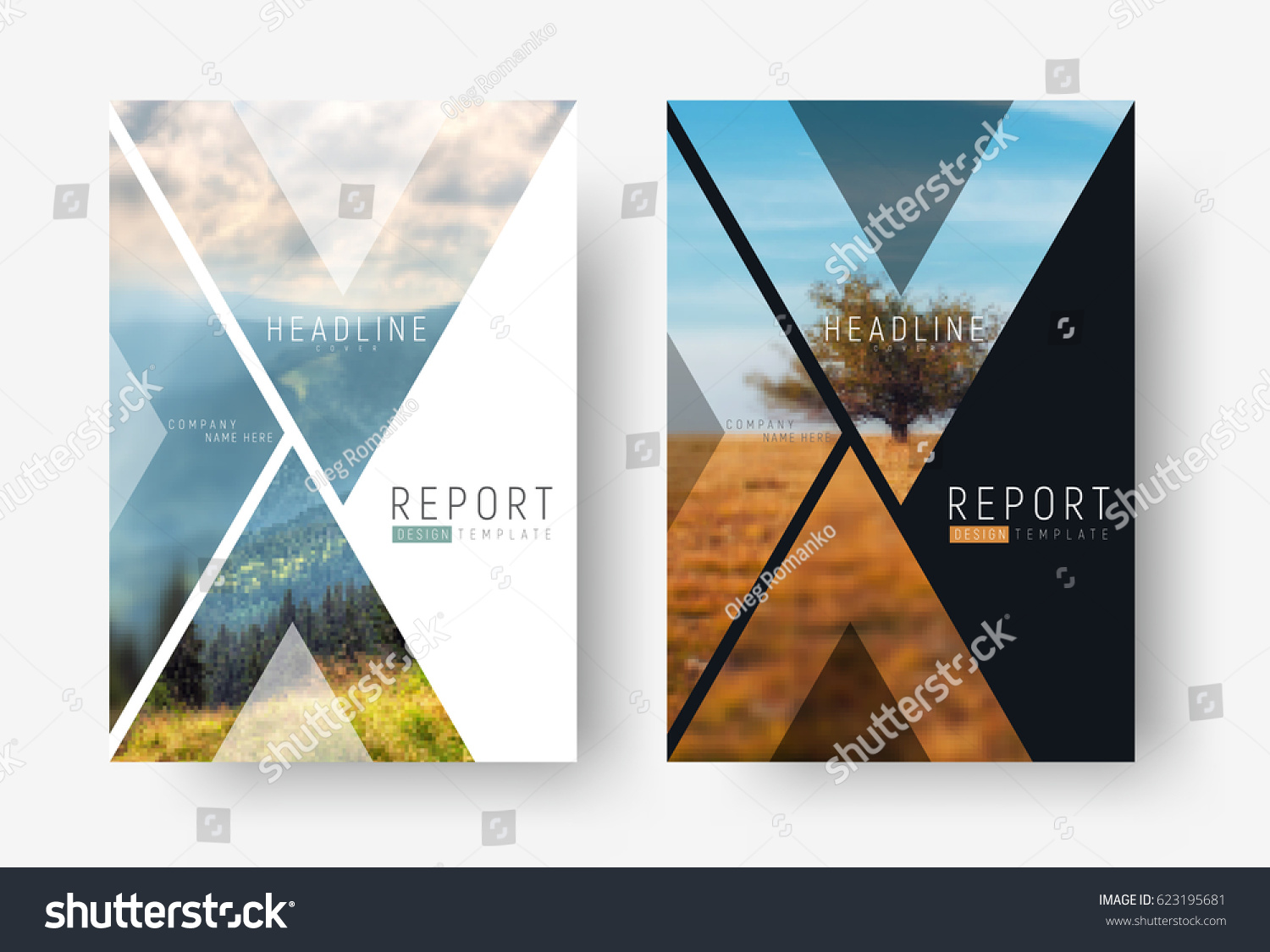 Cover template for a report in a minimalistic style with triangular design elements for a photo. set of modern flyers for business or trips with photos of mountains and landscapes. mosaic for a sample #623195681