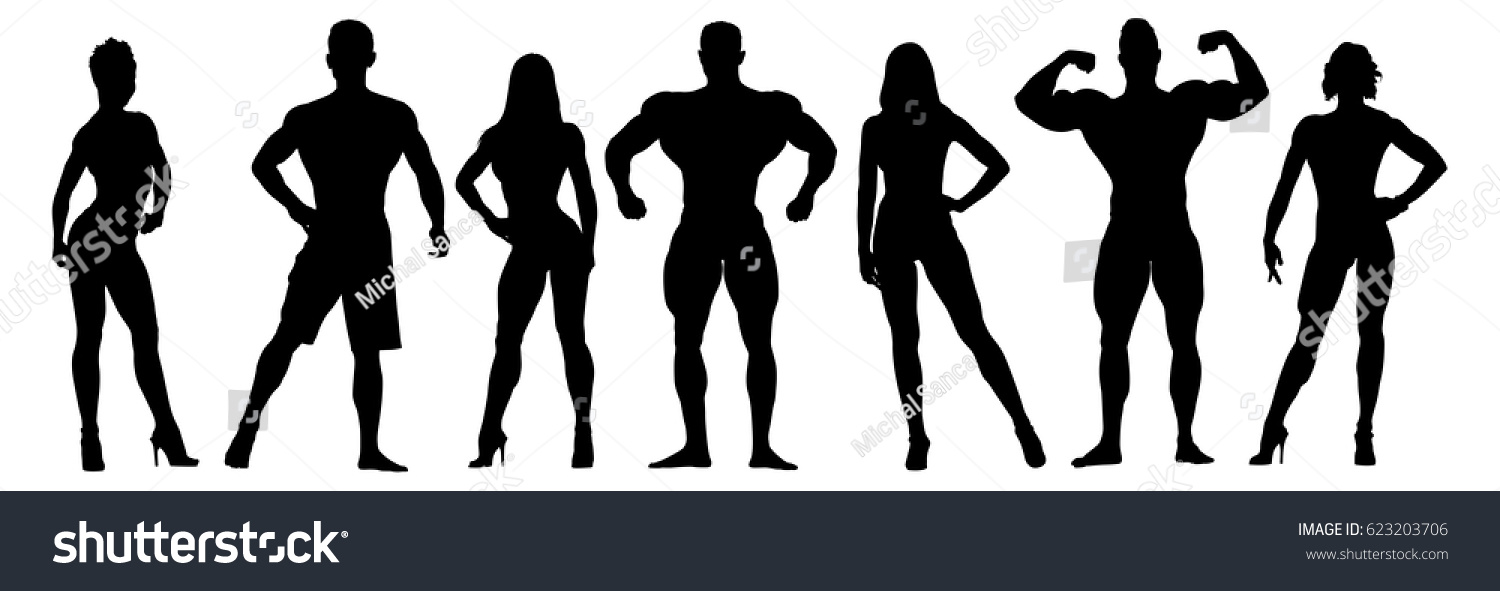 Set of bodybuilders vector silhouettes. Posing men and women. Muscular people #623203706