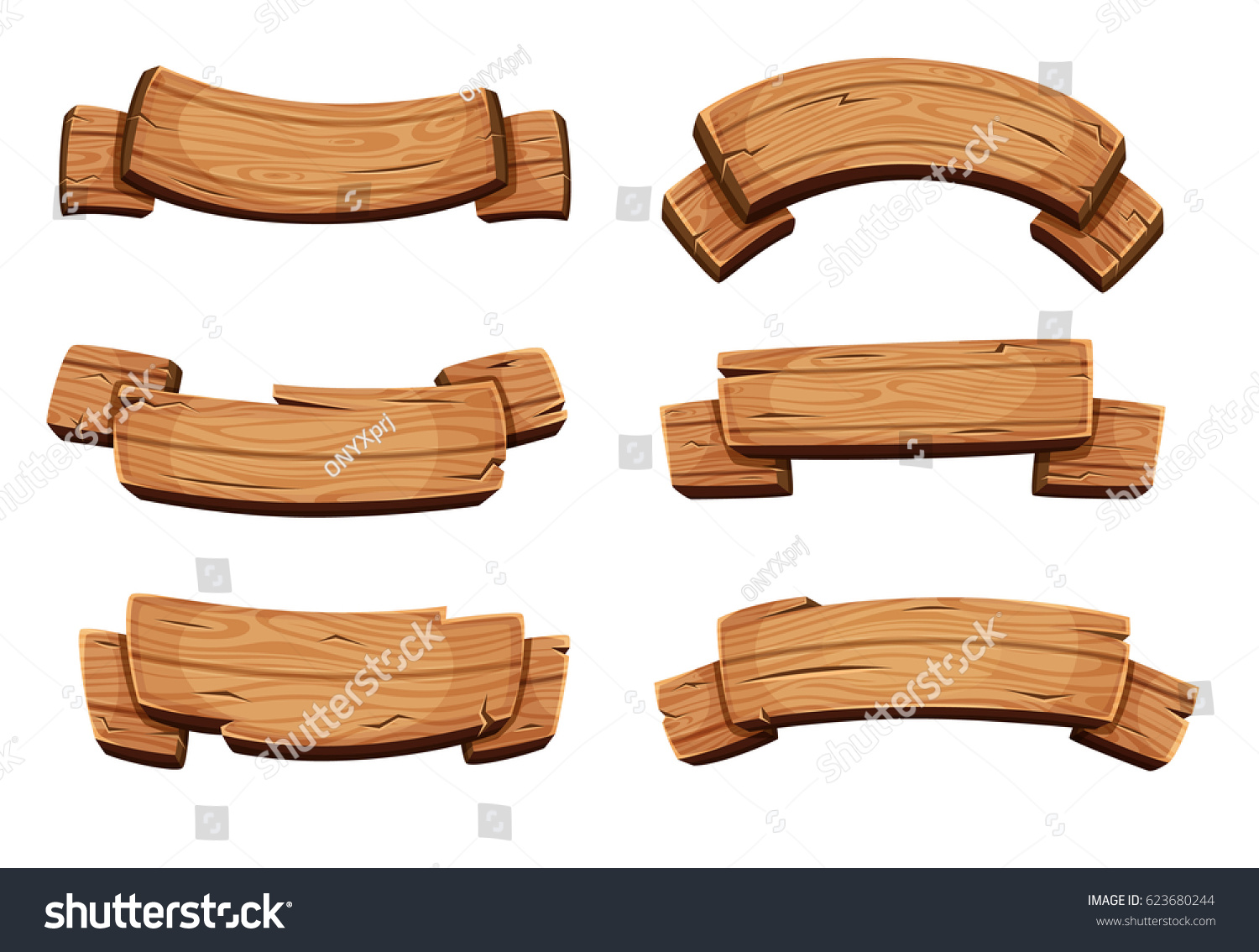 Cartoon brown wooden plate and ribbons. Vector set isolate on white background. Wooden ribbons collection, illustration of wood board #623680244