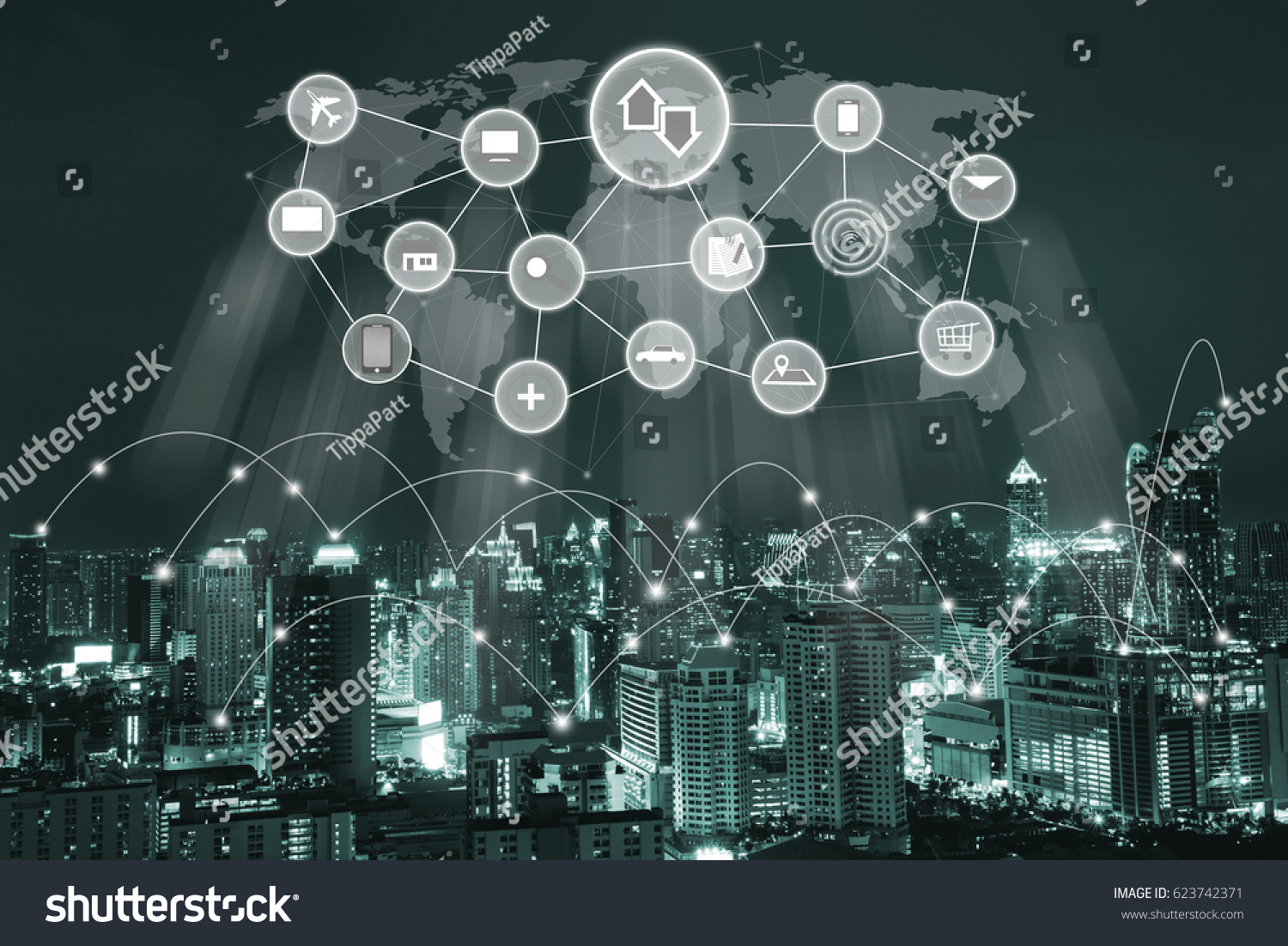Modern buildings with wifi icons connection, globalization network communication in smart city, internet of things IoT concept #623742371