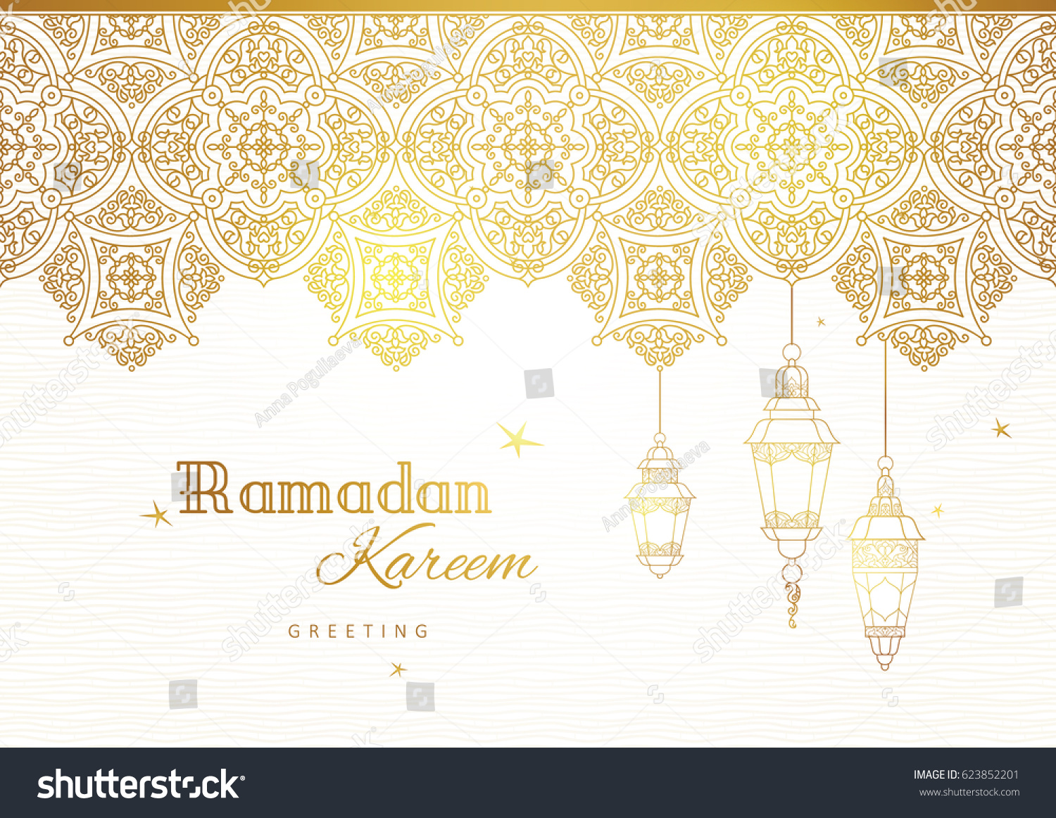 Ornate vector banner, vintage lanterns for Ramadan wishing. Arabic shining lamps. Outline golden decor in Eastern style. Islamic background.Ramadan Kareem greeting card, advertising, discount, poster. #623852201