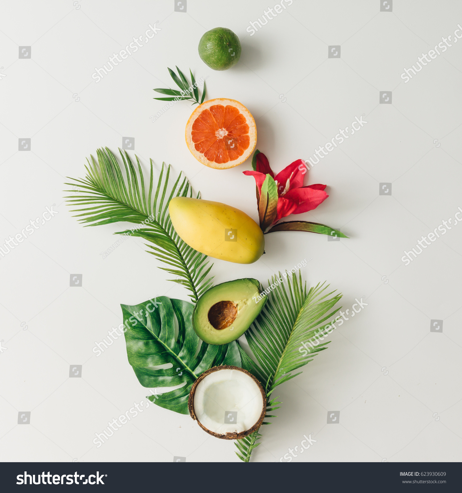 Creative layout made of summer tropical fruits and leaves. Flat lay. Food concept. #623930609