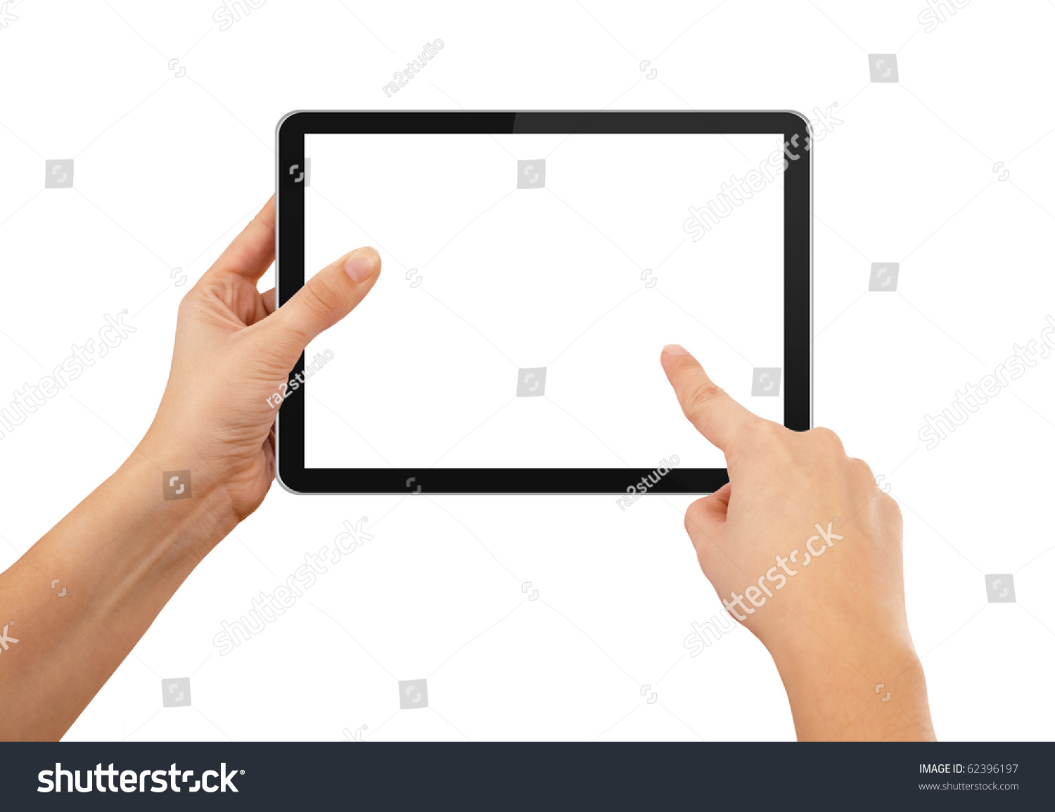 a male hand holding a touchpad pc, one finger touches the screen, isolated on white #62396197
