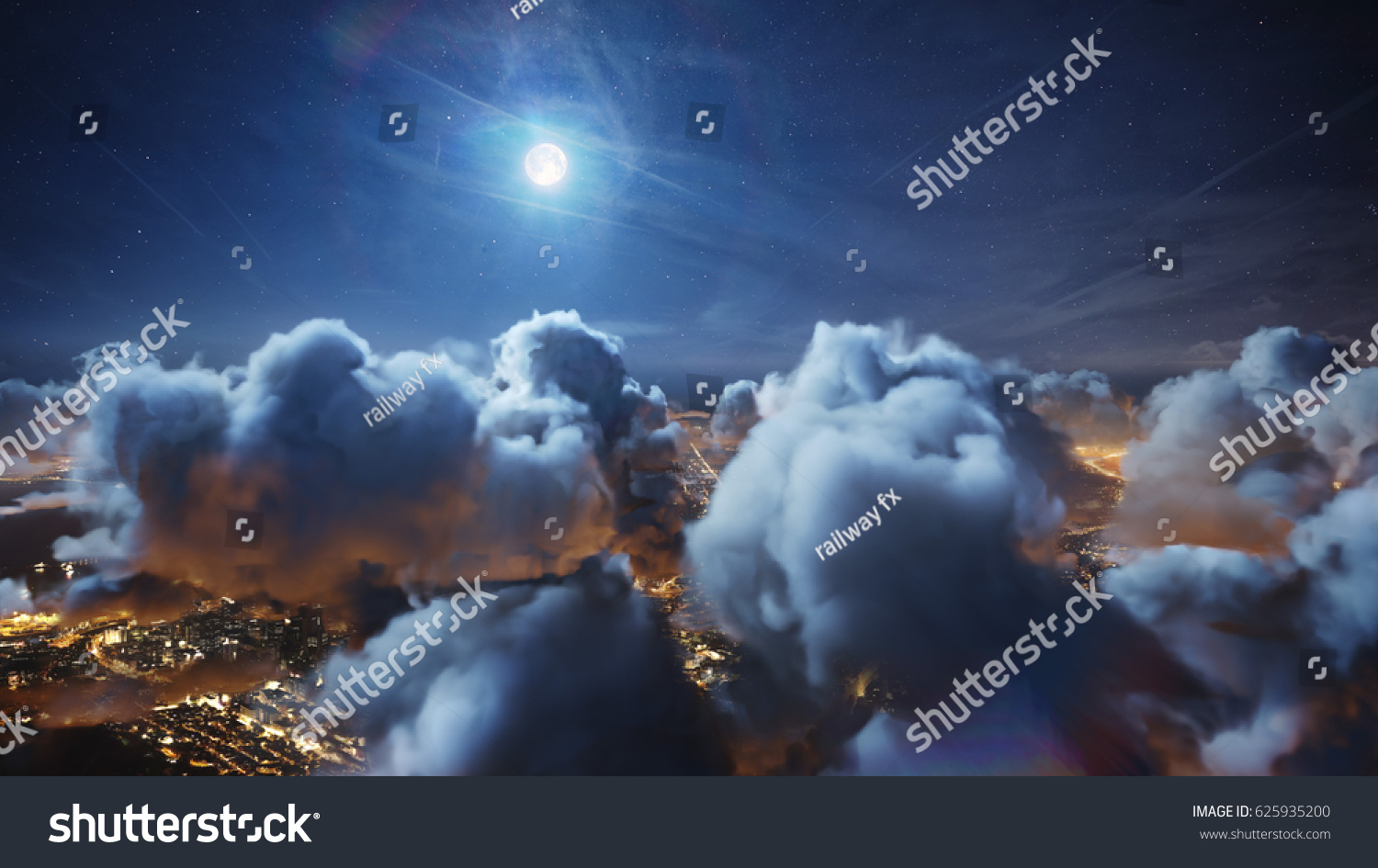 Flying over the deep night timelapse clouds with moon light. Seamlessly looped animation. Flight through moving cloudscape over night city lights. Perfect for cinema, background, digital composition. #625935200
