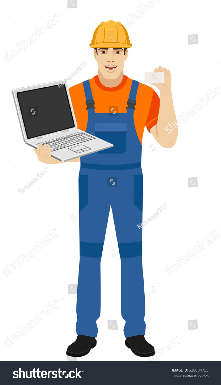 Builder with laptop shows the business card. - Royalty Free Stock Photo ...