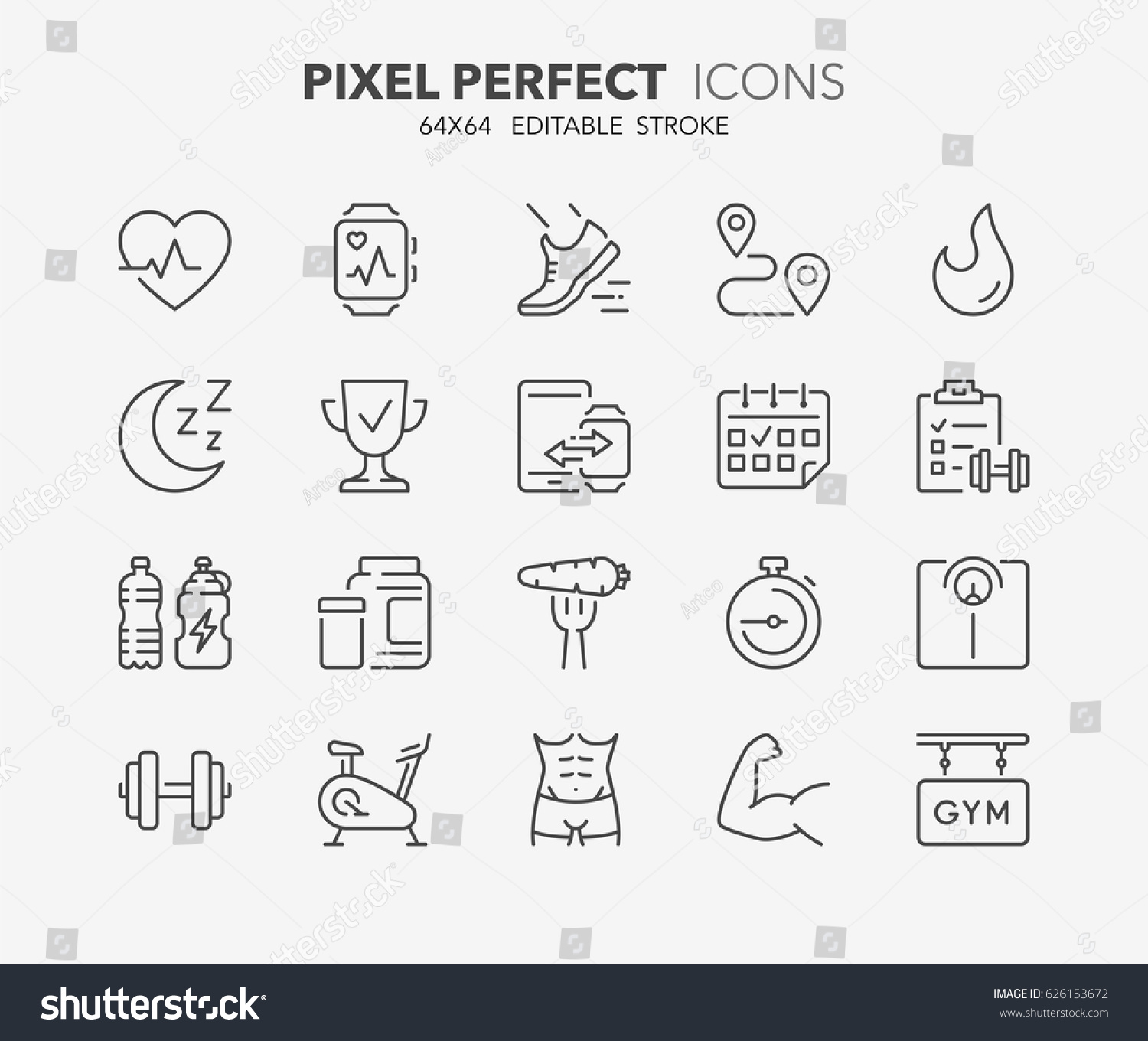 Thin line icons set of fitness, gym and health care. Outline symbol collection. Editable vector stroke. 64x64 Pixel Perfect.