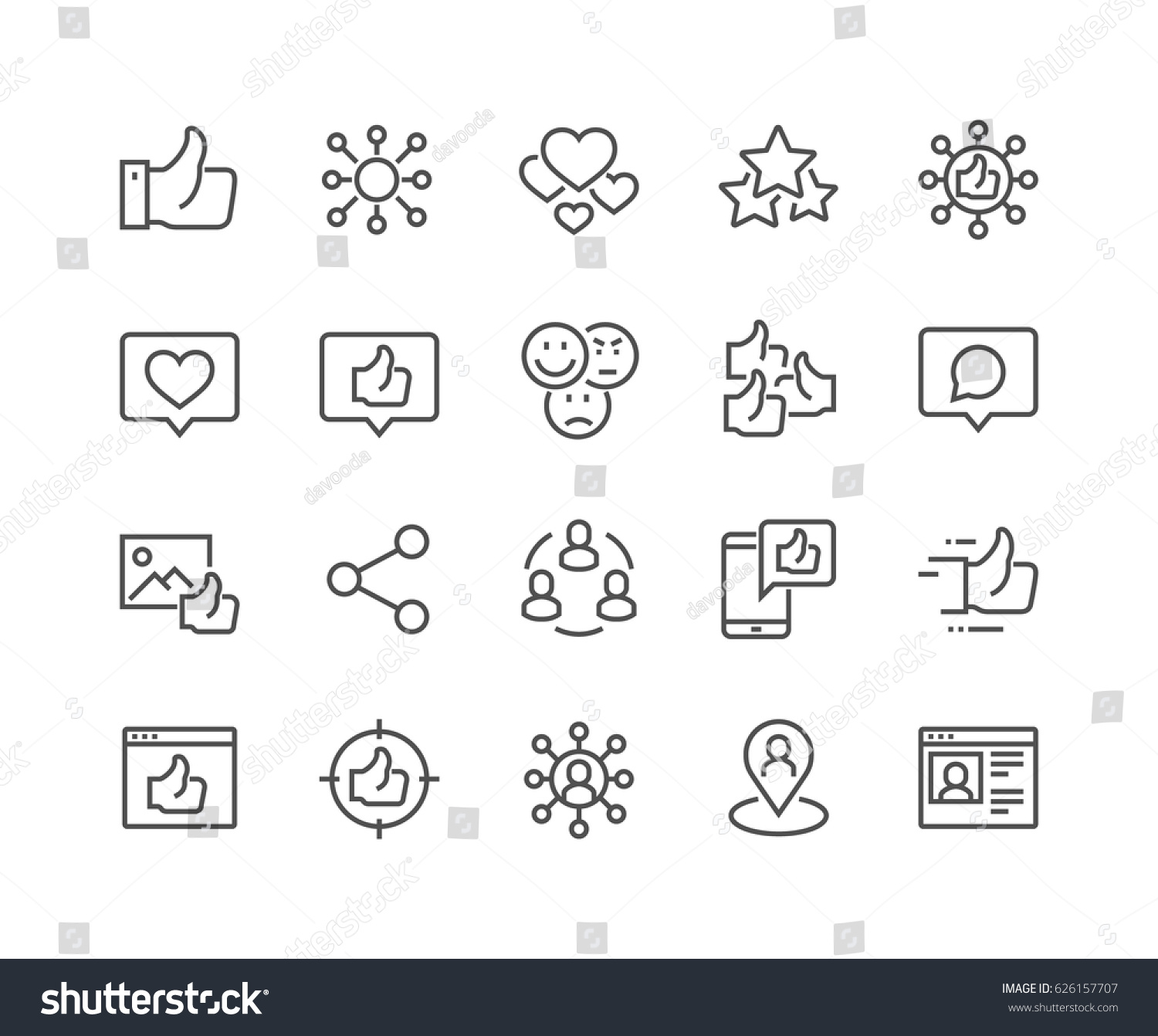 Simple Set of Social Networks Related Vector Line Icons. 
Contains such Icons as Profile Page, Rating, Social Links and more.
Editable Stroke. 48x48 Pixel Perfect. #626157707