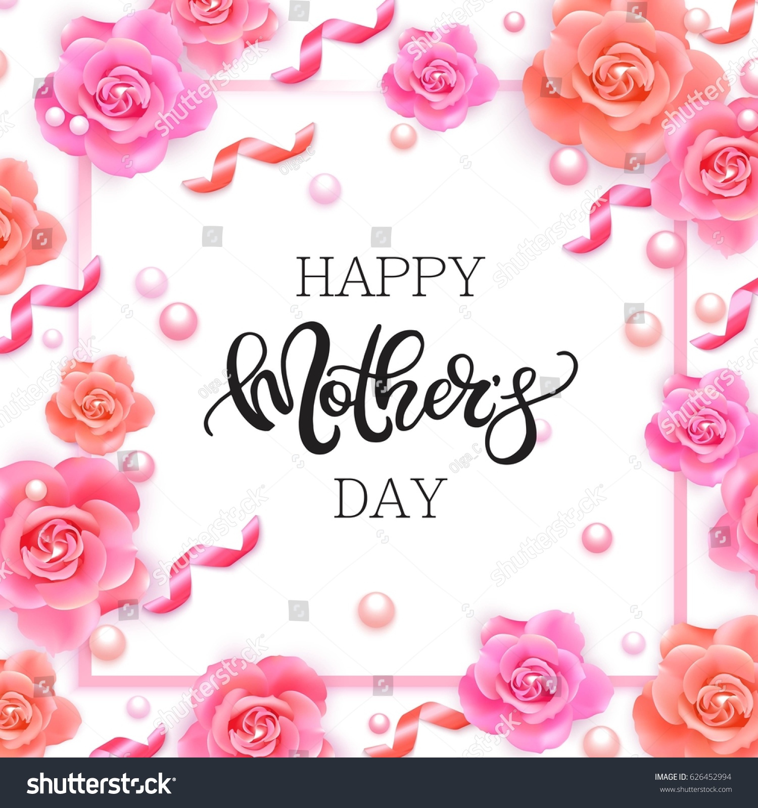 Happy Mother's Day vector hand written poster with pink roses, ribbons and pearls.  #626452994