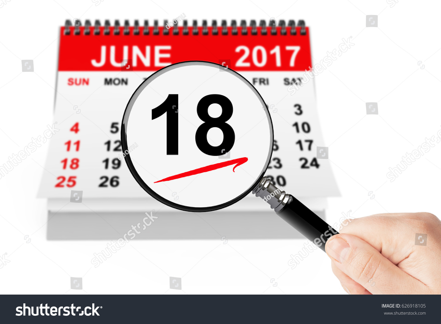 Father's Day Concept. 18 june 2017 calendar with magnifier on a white background #626918105