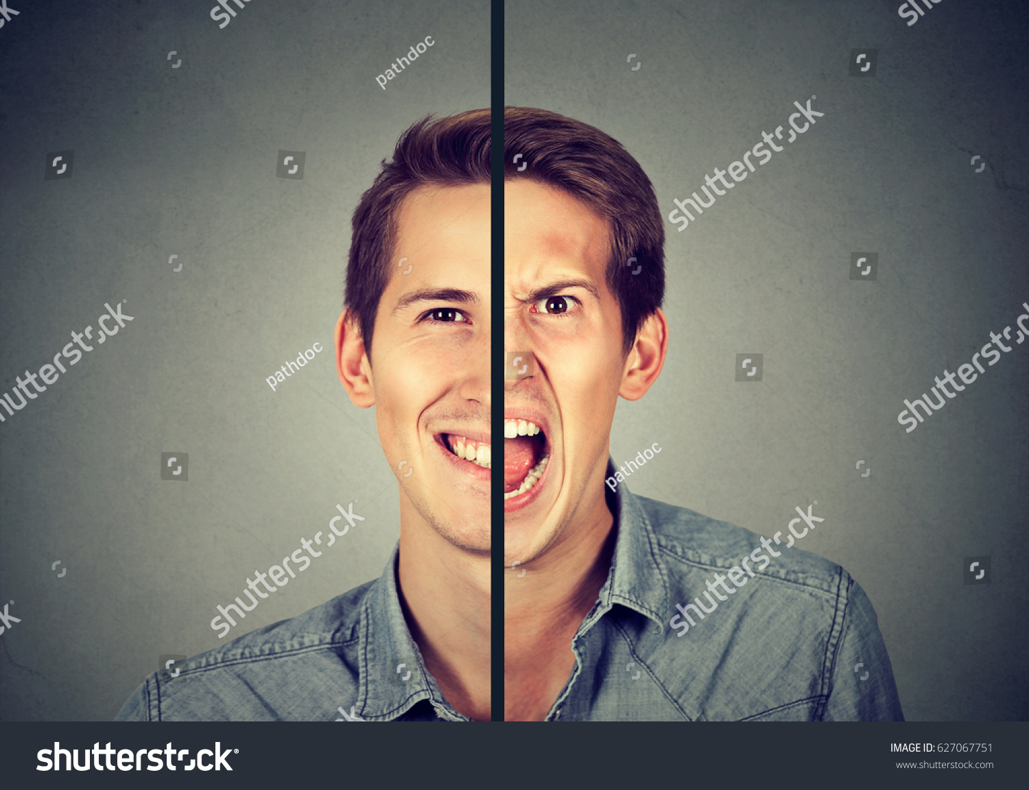 Bipolar disorder concept. Young man with double face expression isolated on gray background
 #627067751
