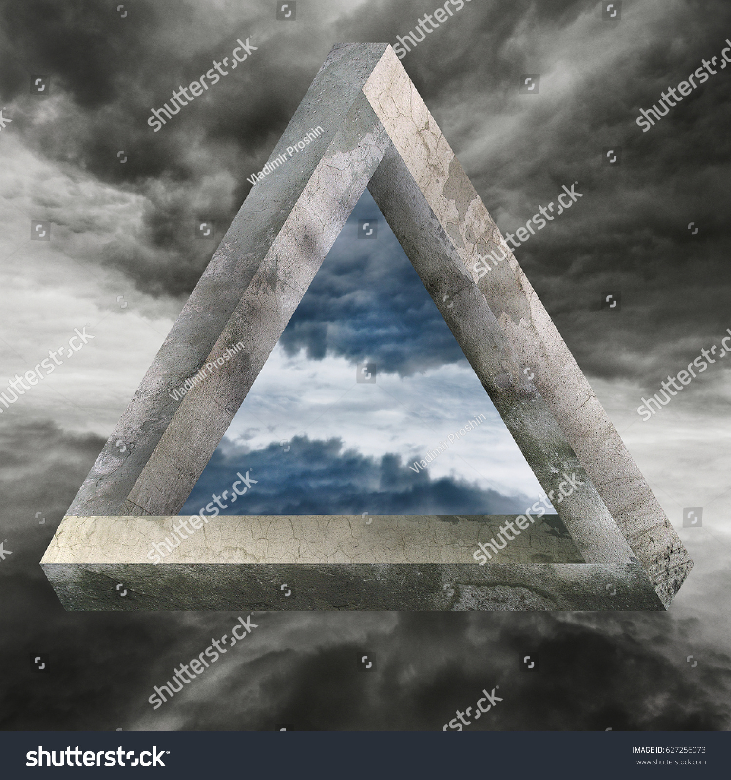 Allegory of the Mobius figure. Stone figure of Mobius and dark roots and Stormy sky. #627256073