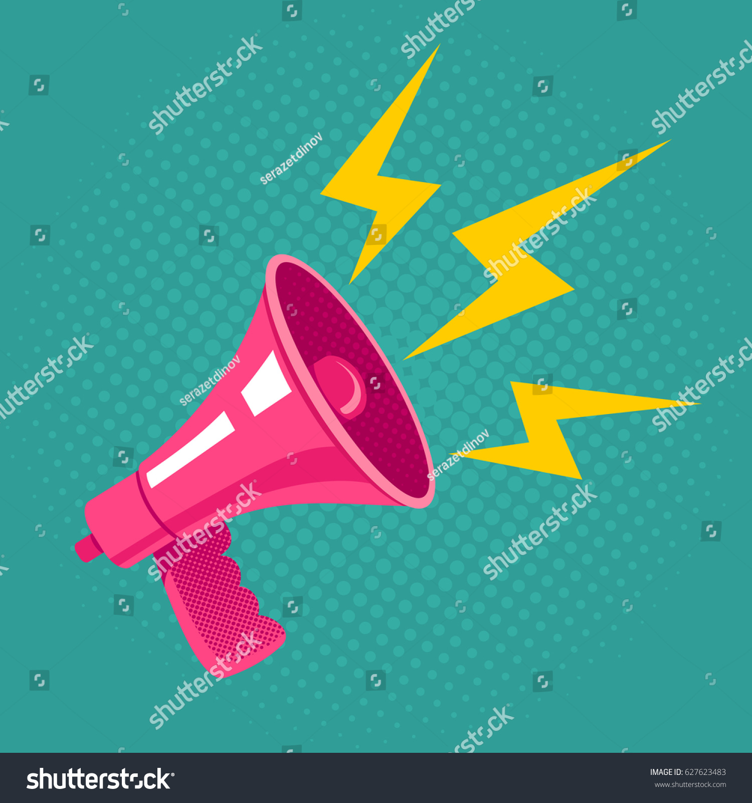 Vector vintage poster with pink megaphone on halftone background. Pink retro megaphone #627623483