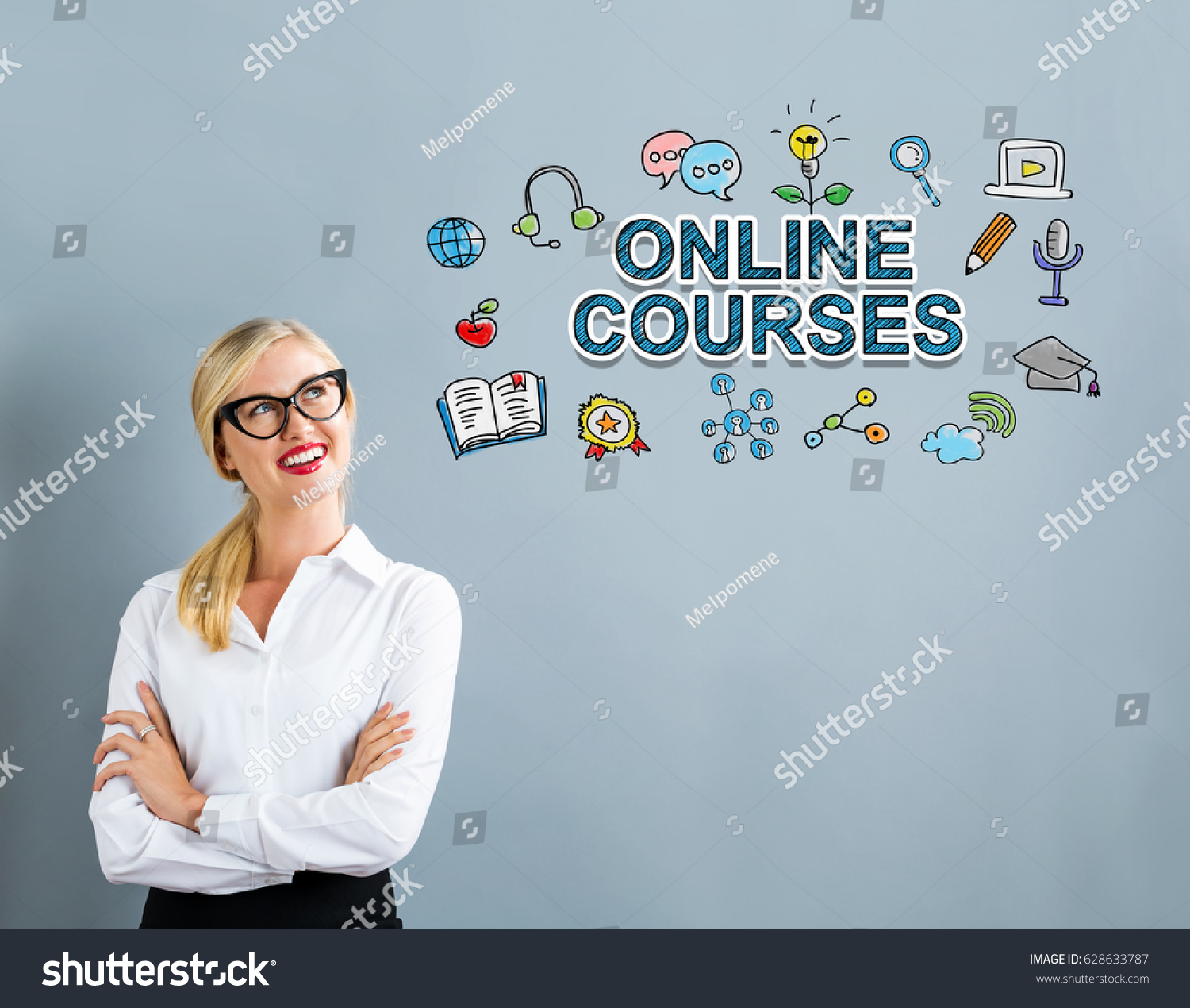 Online Courses text with business woman on a gray background #628633787