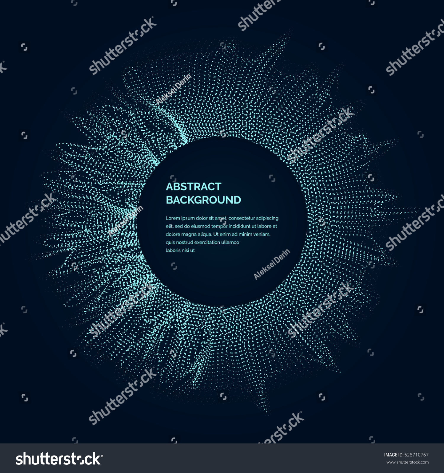 Modern vector illustration with a deformed circle shape of the particles of blue color on a dark background. Good as a template for your design #628710767