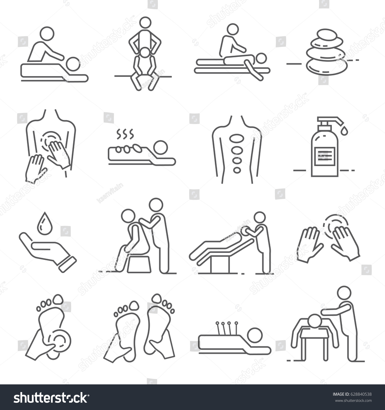 Set of massage Related Vector Line Icons. Includes such Icons as massage salon, massage therapist, therapy, health, treatment, Spa, relaxation #628840538