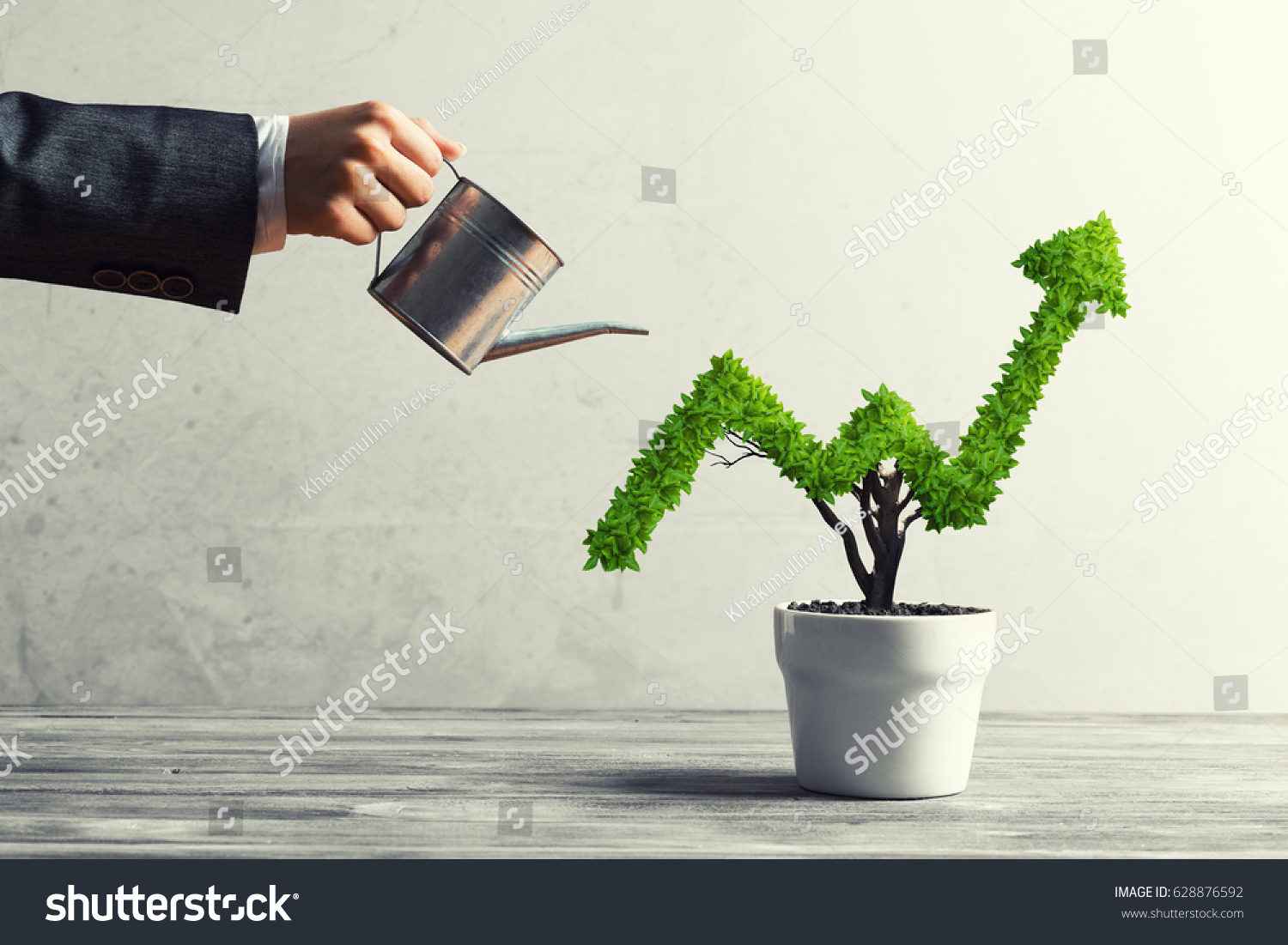 Hand of woman watering small plant in pot shaped like growing graph #628876592