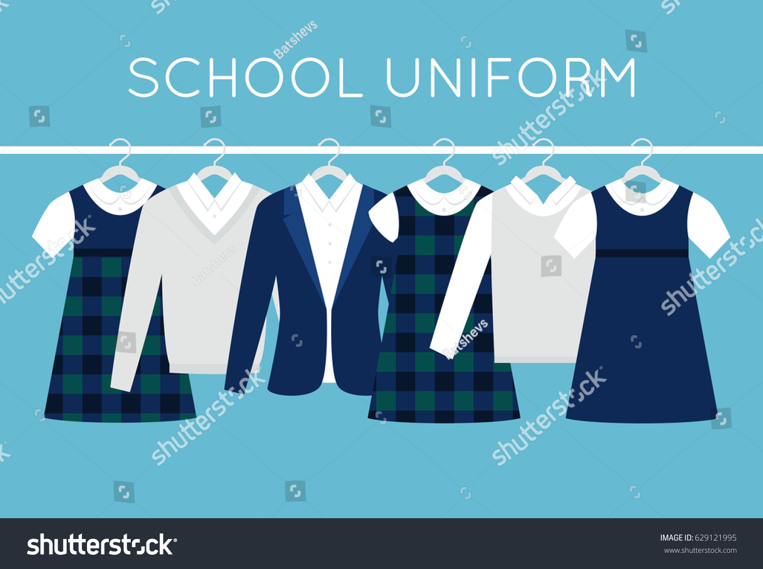 School or College Uniforms on Hangers in Line. Kids Clothes Vector Set #629121995
