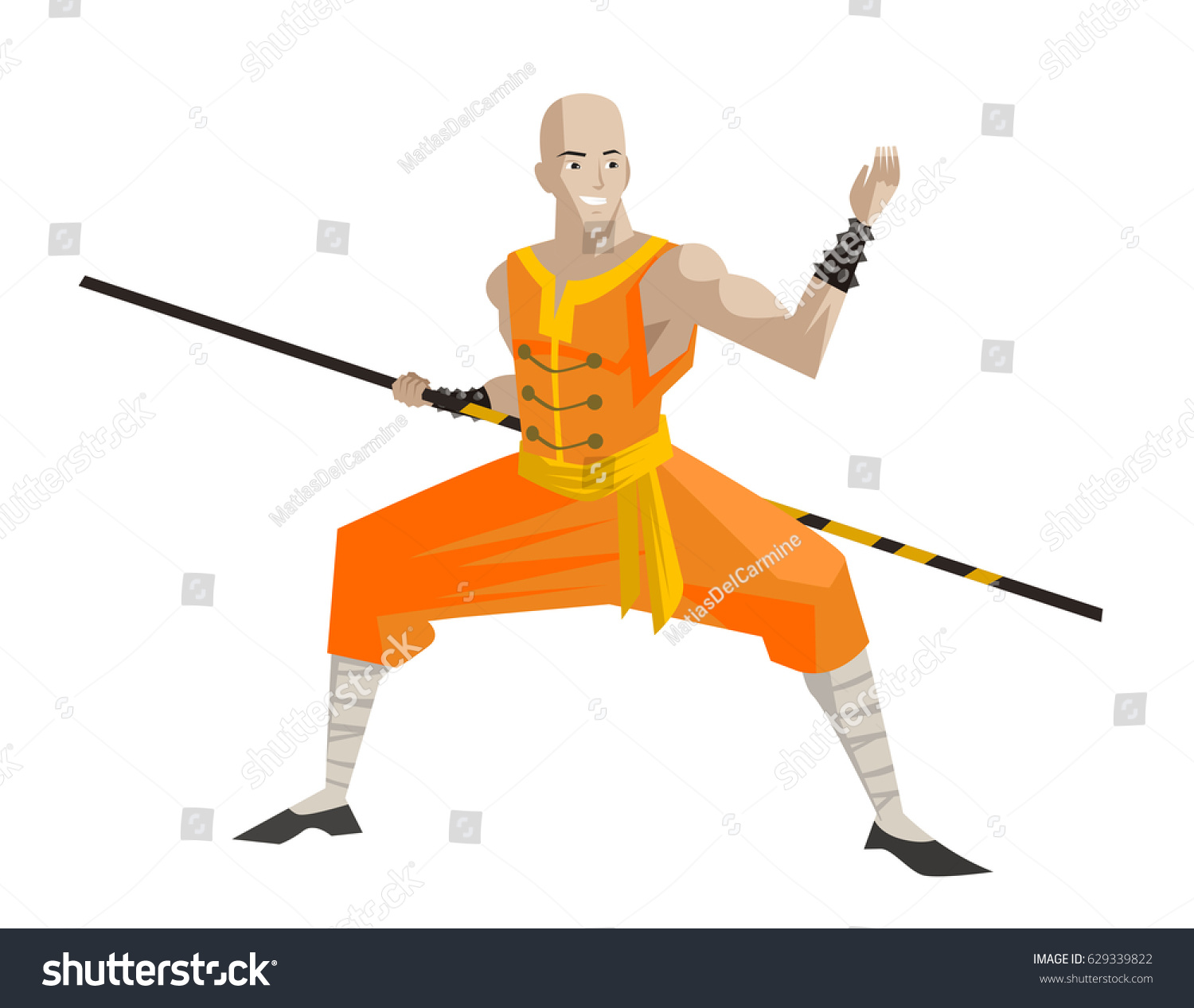 bald shaolin warrior stance with bo staff - Royalty Free Stock Vector ...