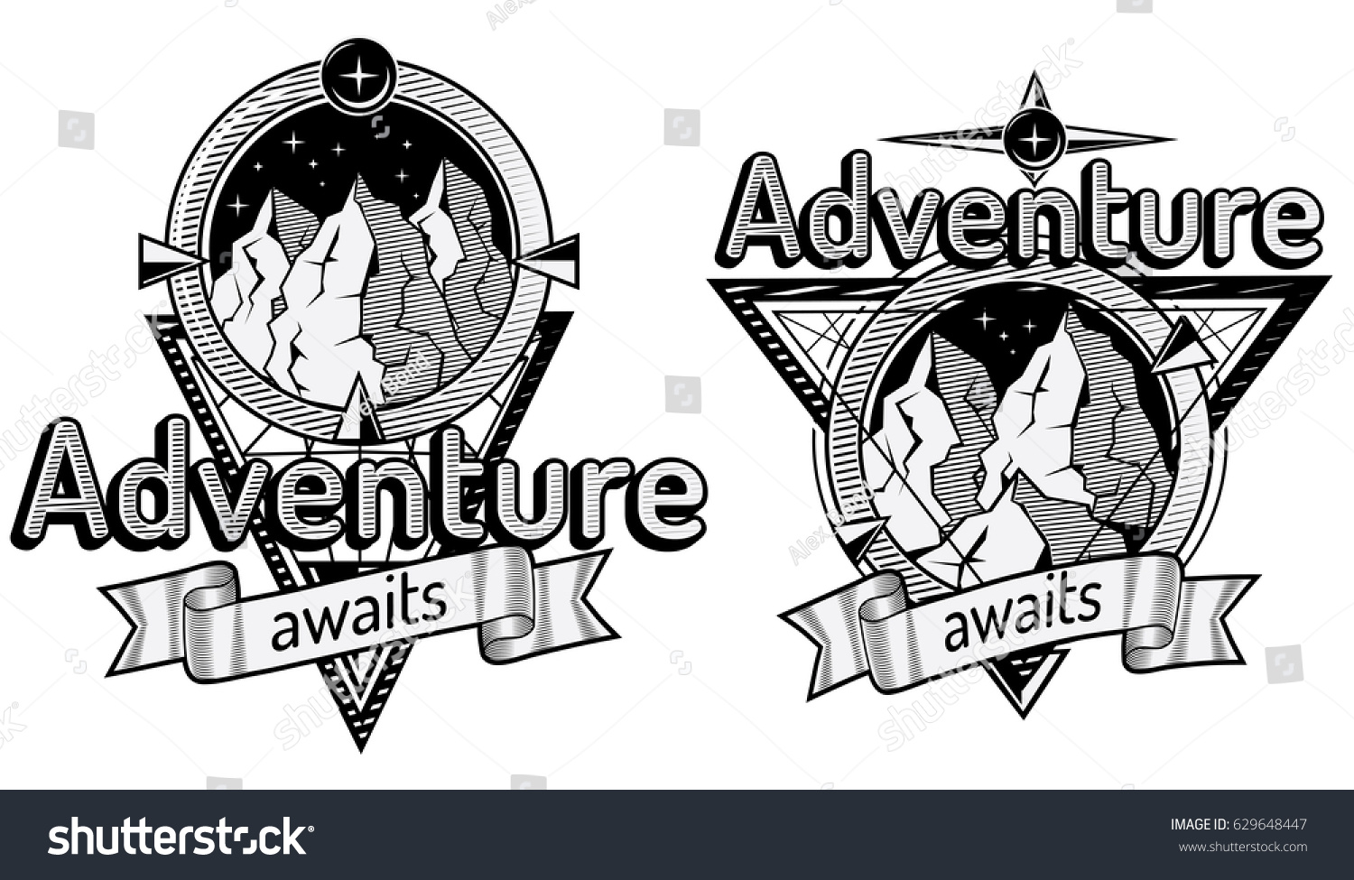 Adventure awaits black and white emblems - Royalty Free Stock Vector ...