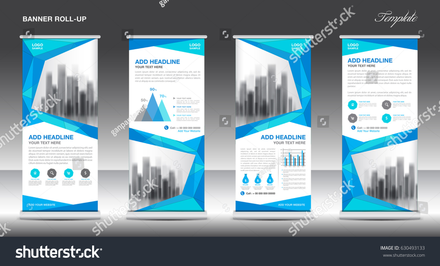 Roll up banner stand template design, Blue banner layout, advertisement, polygon background, pull up, vector illustration, business flyer, display, x-banner, flag-banner, infographics, presentation #630493133