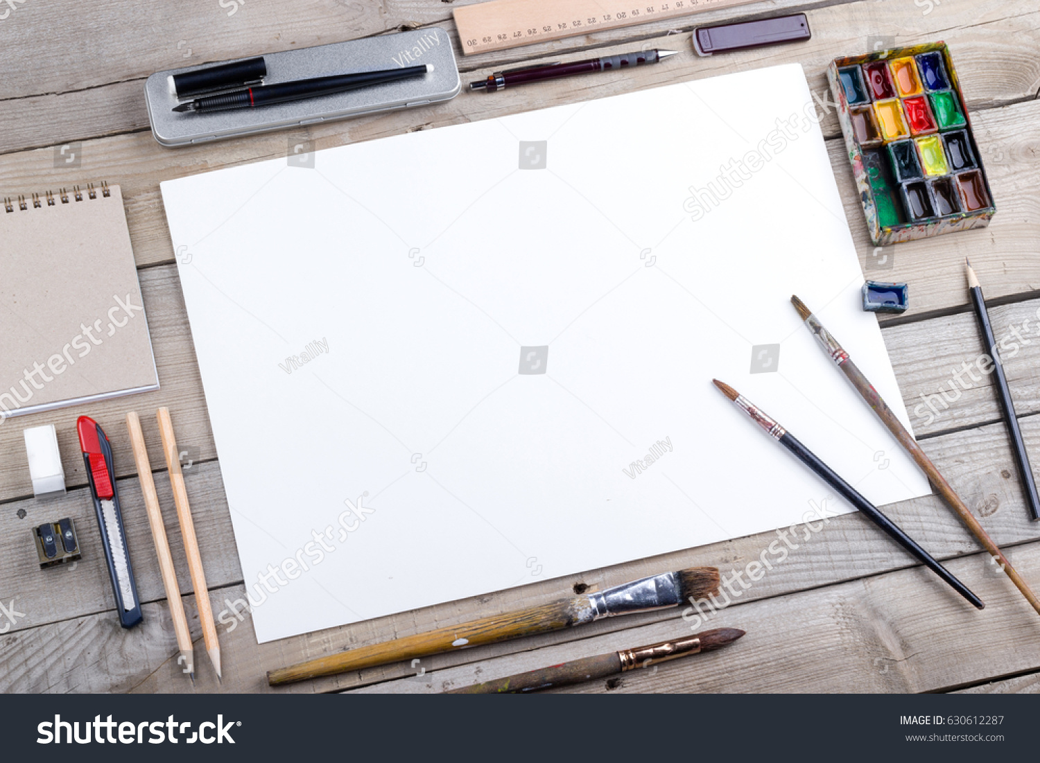 Photo. Mock-up for illustrators, artist, calligrapher, presentations and portfolios. Space for text, layout, artwork, illustrations, lettering, calligraphy working process #630612287