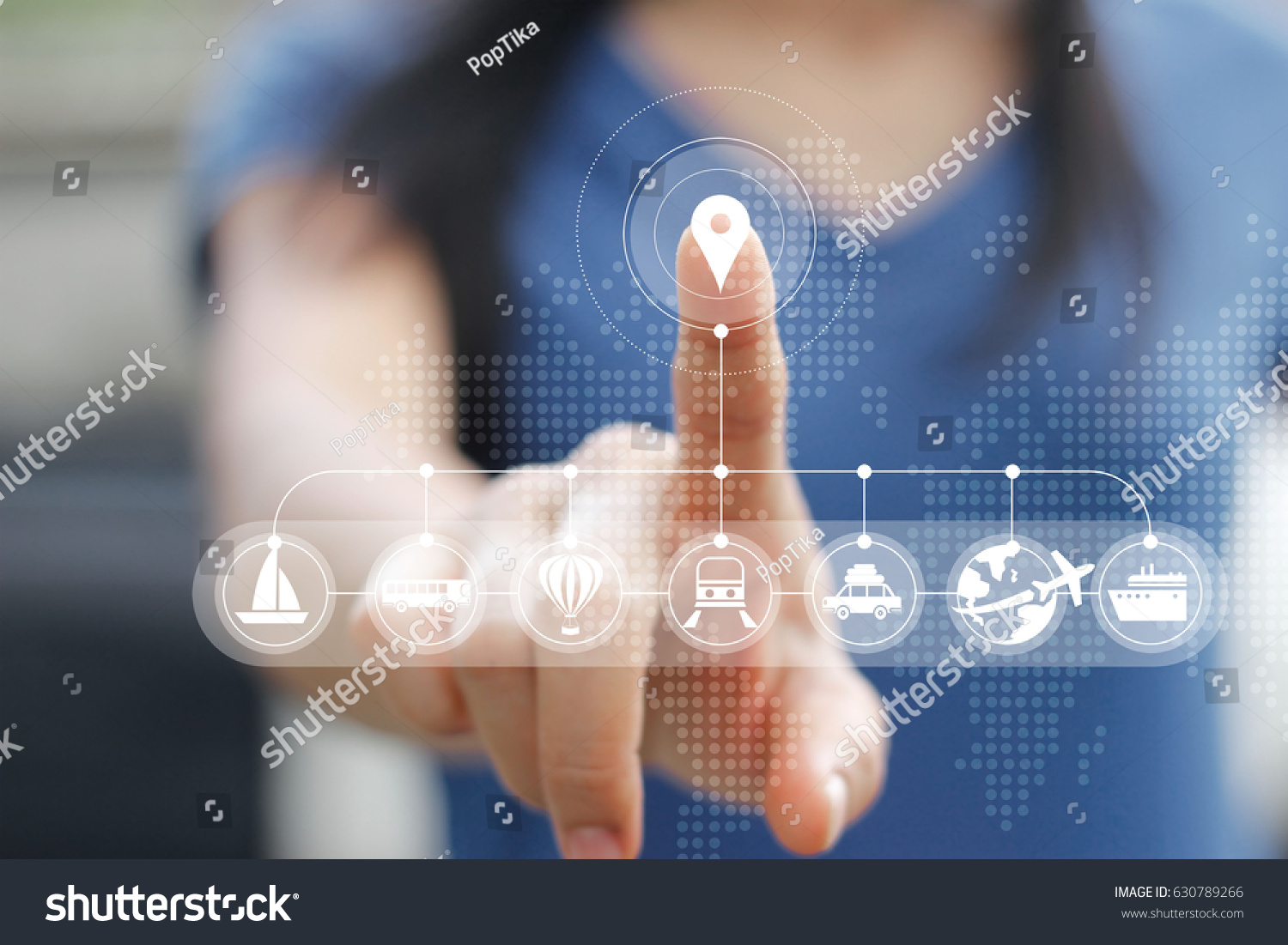 Woman touching icon travel online network connection on screen, traveler concept #630789266