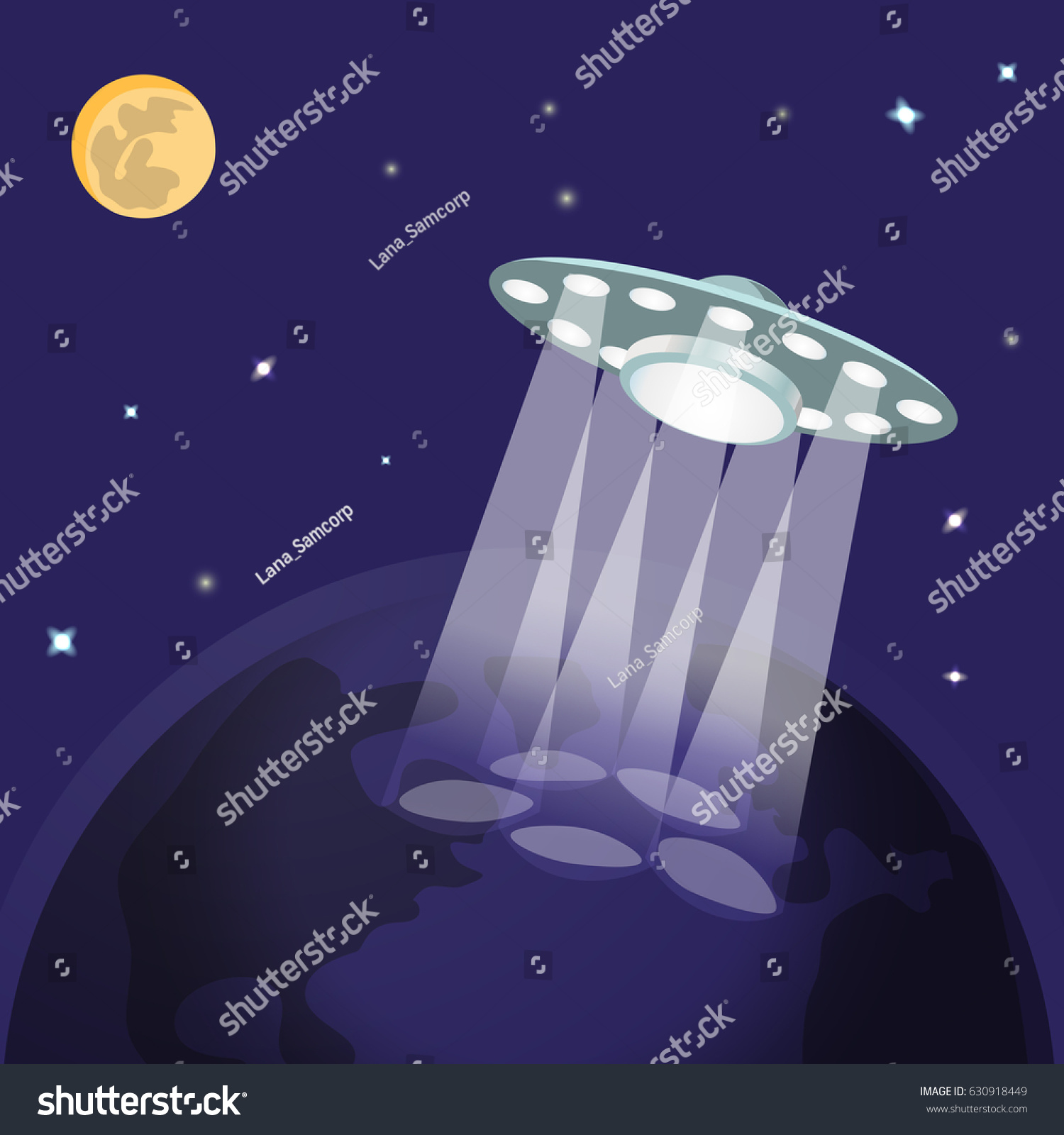 UFO ufo with light beam in night sky. Freehand - Royalty Free Stock ...