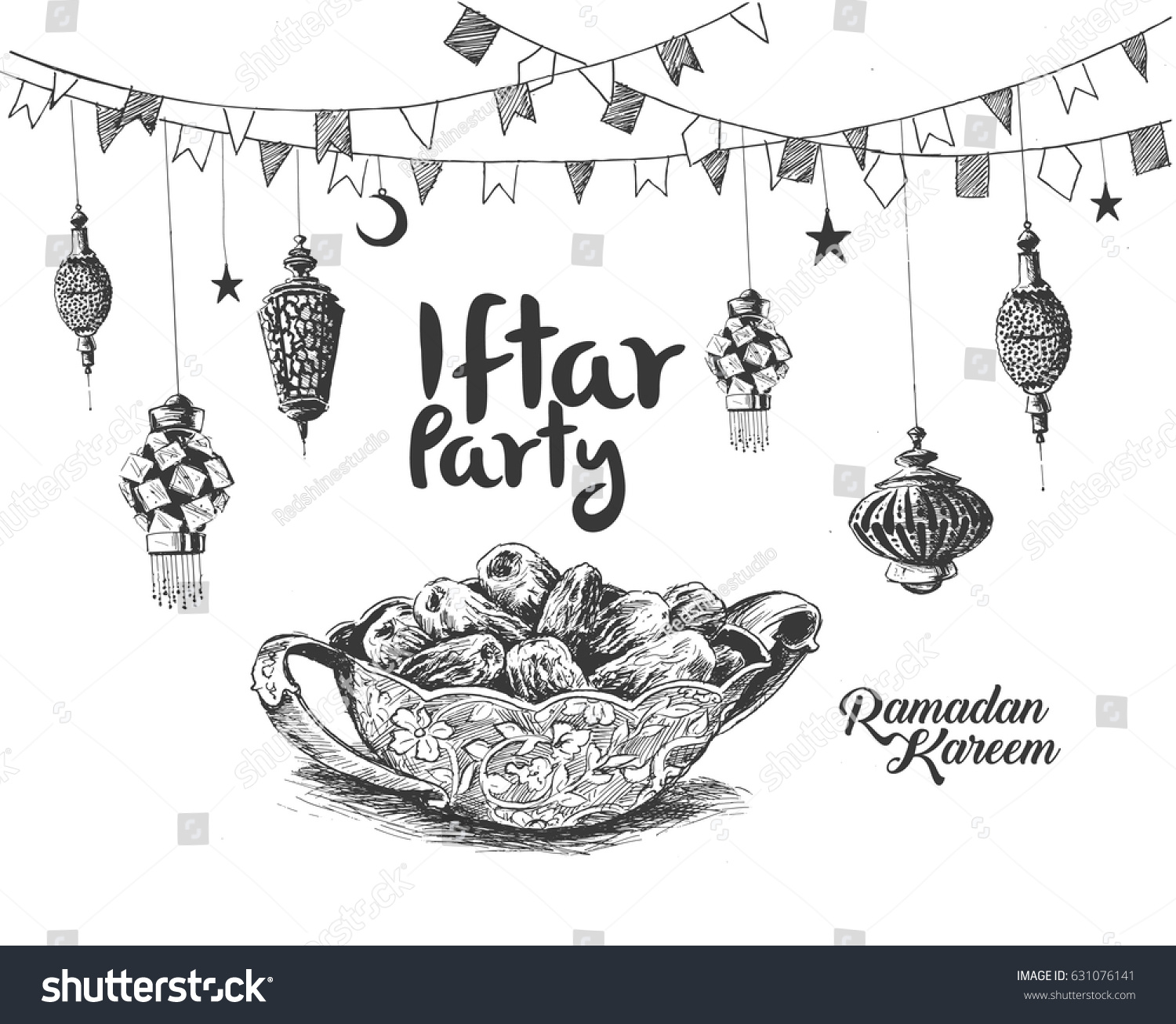 Ramadan Kareem Iftar party celebration, Hand Drawn Sketch Vector illustration. #631076141