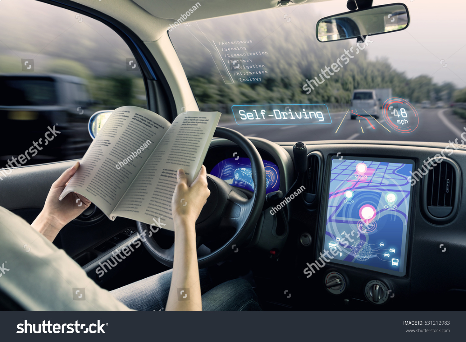 cockpit of autonomous car. a vehicle running self driving mode and a woman driver being relaxed. #631212983