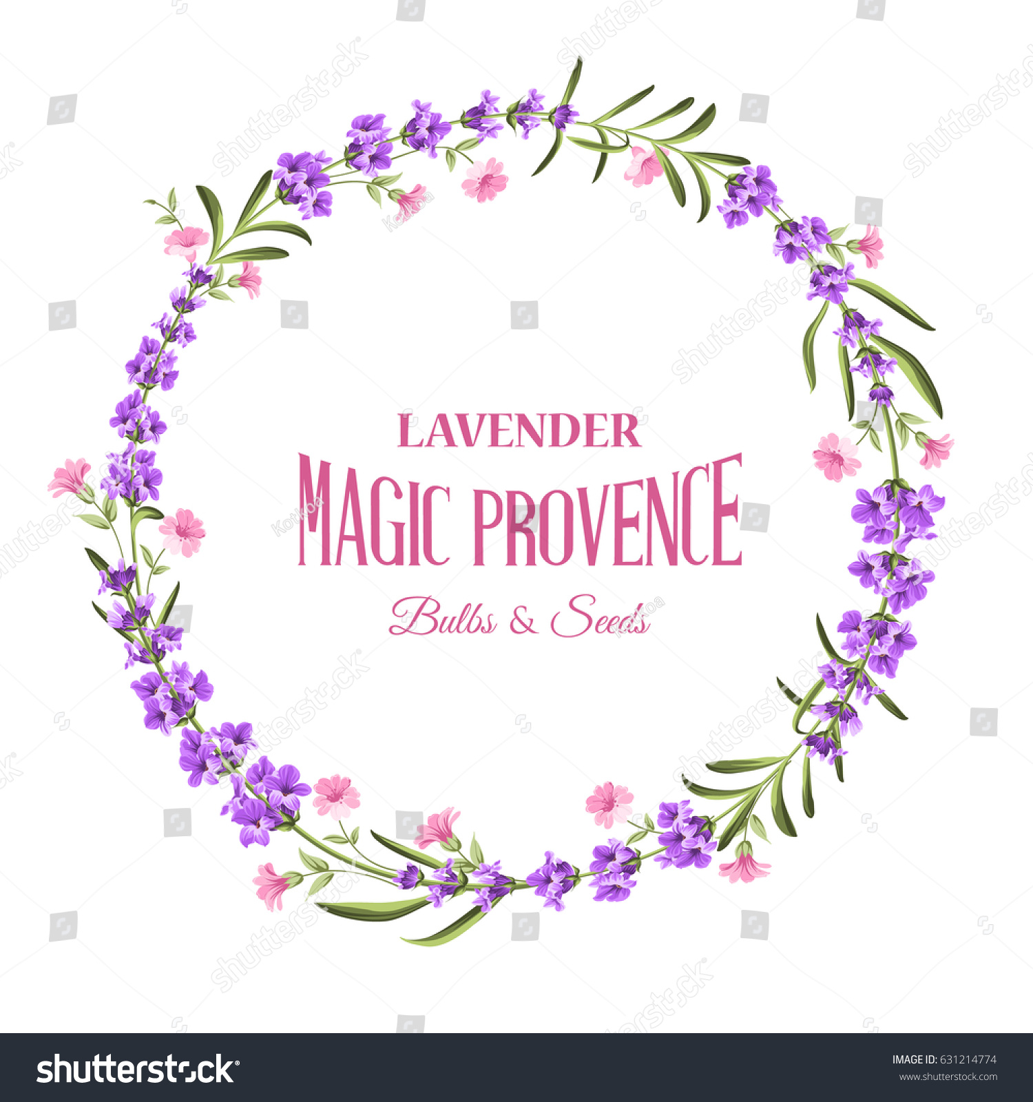 Flower garland for your text presentation. Lavender wreath with calligraphic text for card design. Sticker with lavender flowers. Vector illustration. #631214774