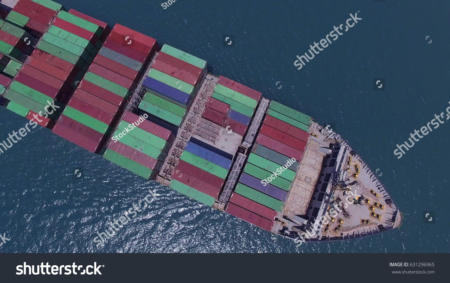 Large container ship at sea - Top down Aerial image #631296965