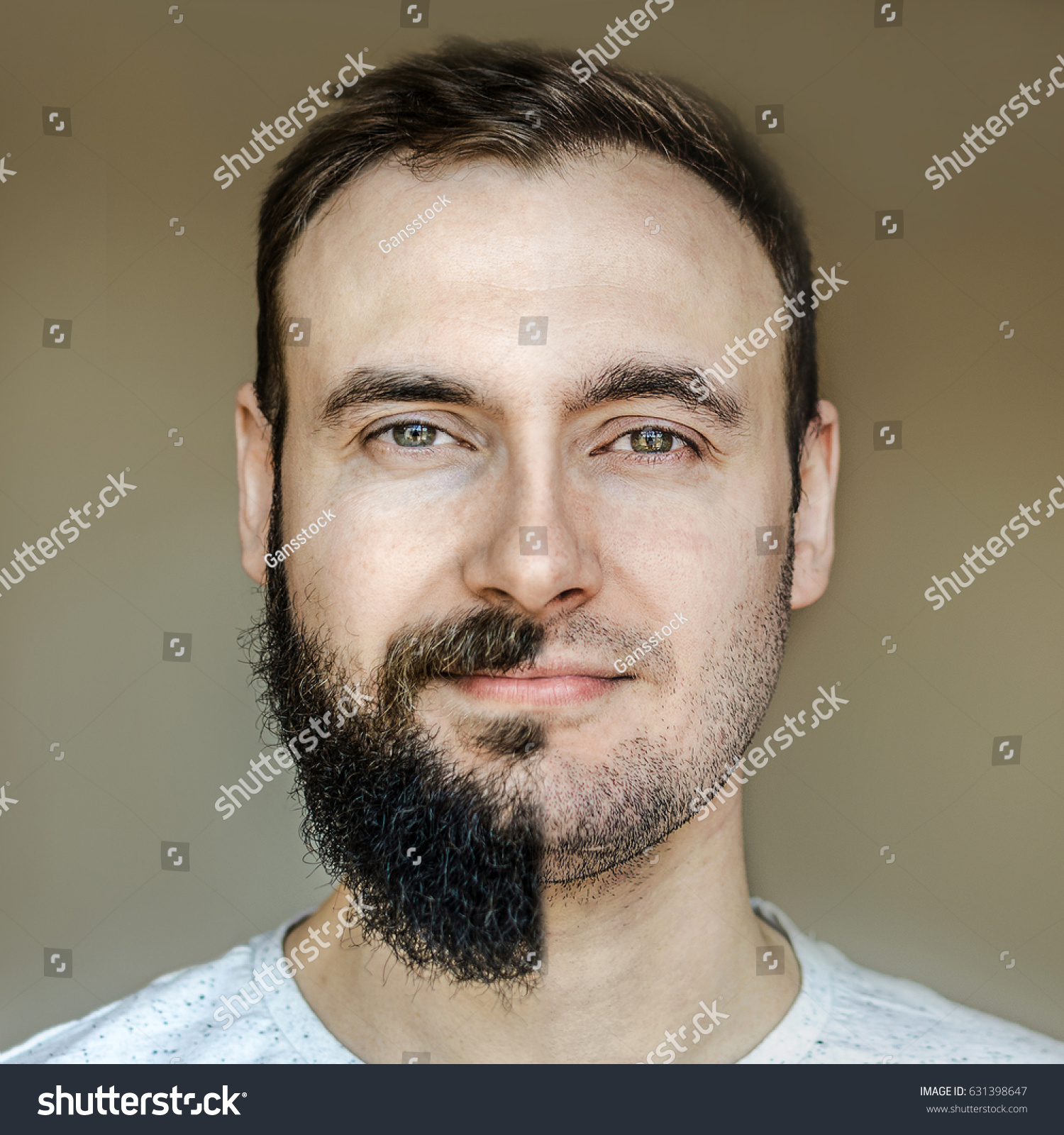 A collage of a beautiful portrait of a man with a full beard and no beard after shaving with light stubble. Barber working on a brown background. #631398647