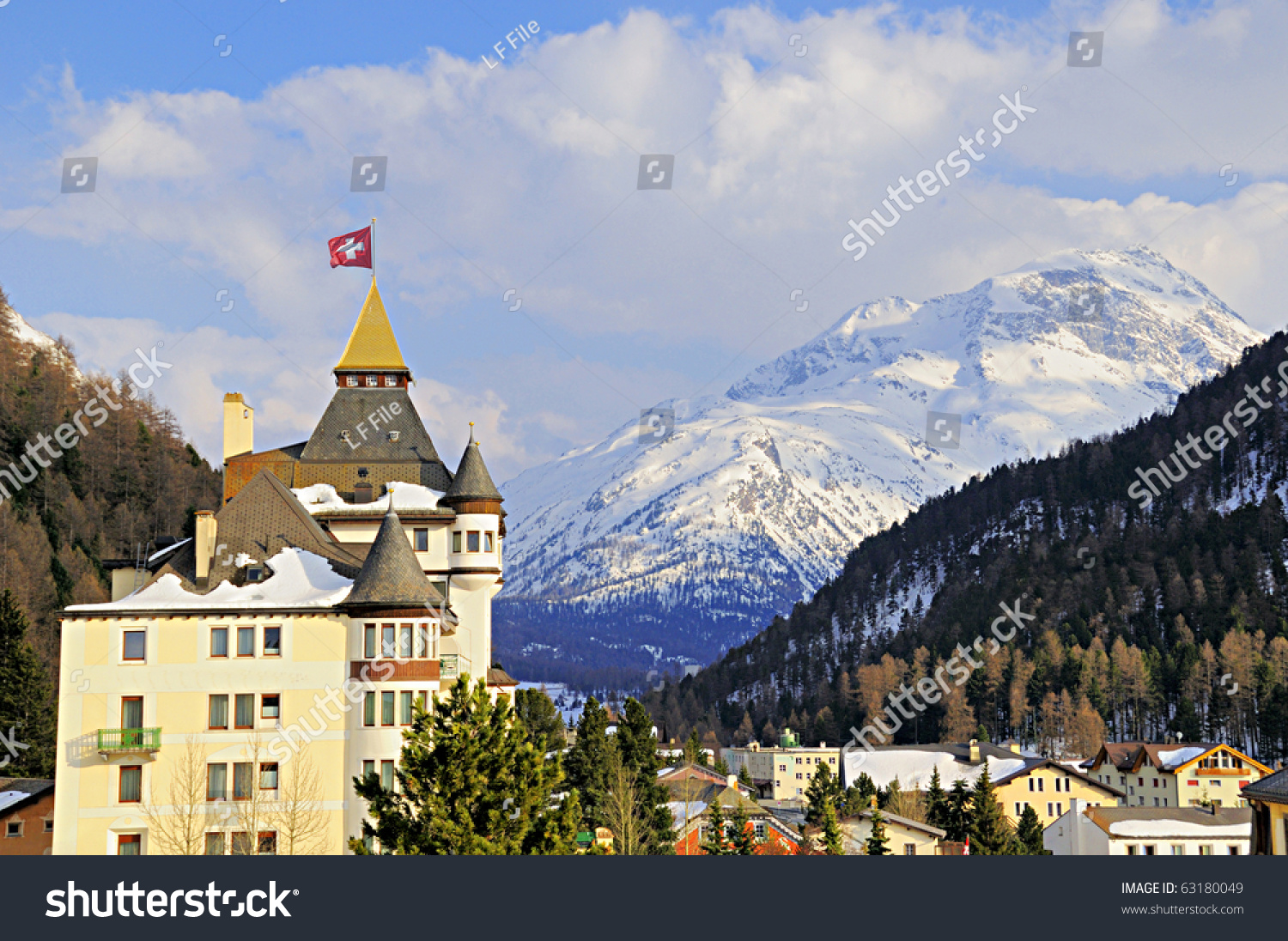 View of the Swiss mountain village of Pontresina in the Swiss Alps. #63180049