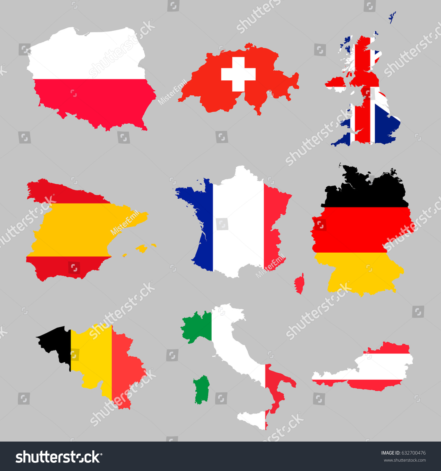 9 europian flag maps set - Royalty Free Stock Vector 632700476 - Avopix.com