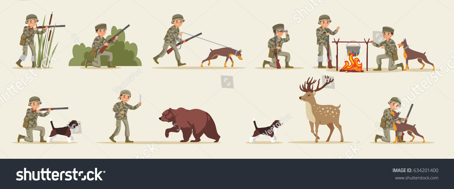 Hunting elements set with hunters in different situations food cooking dog bear and deer isolated vector illustration #634201400