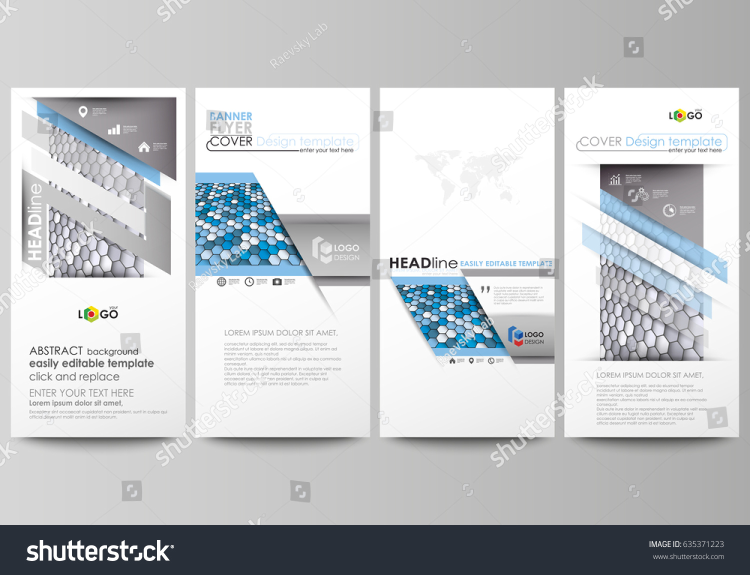 Flyers set, modern banners. Business templates. Cover design template, easy editable vector layouts. Blue and gray color hexagons in perspective. Abstract polygonal style background. #635371223