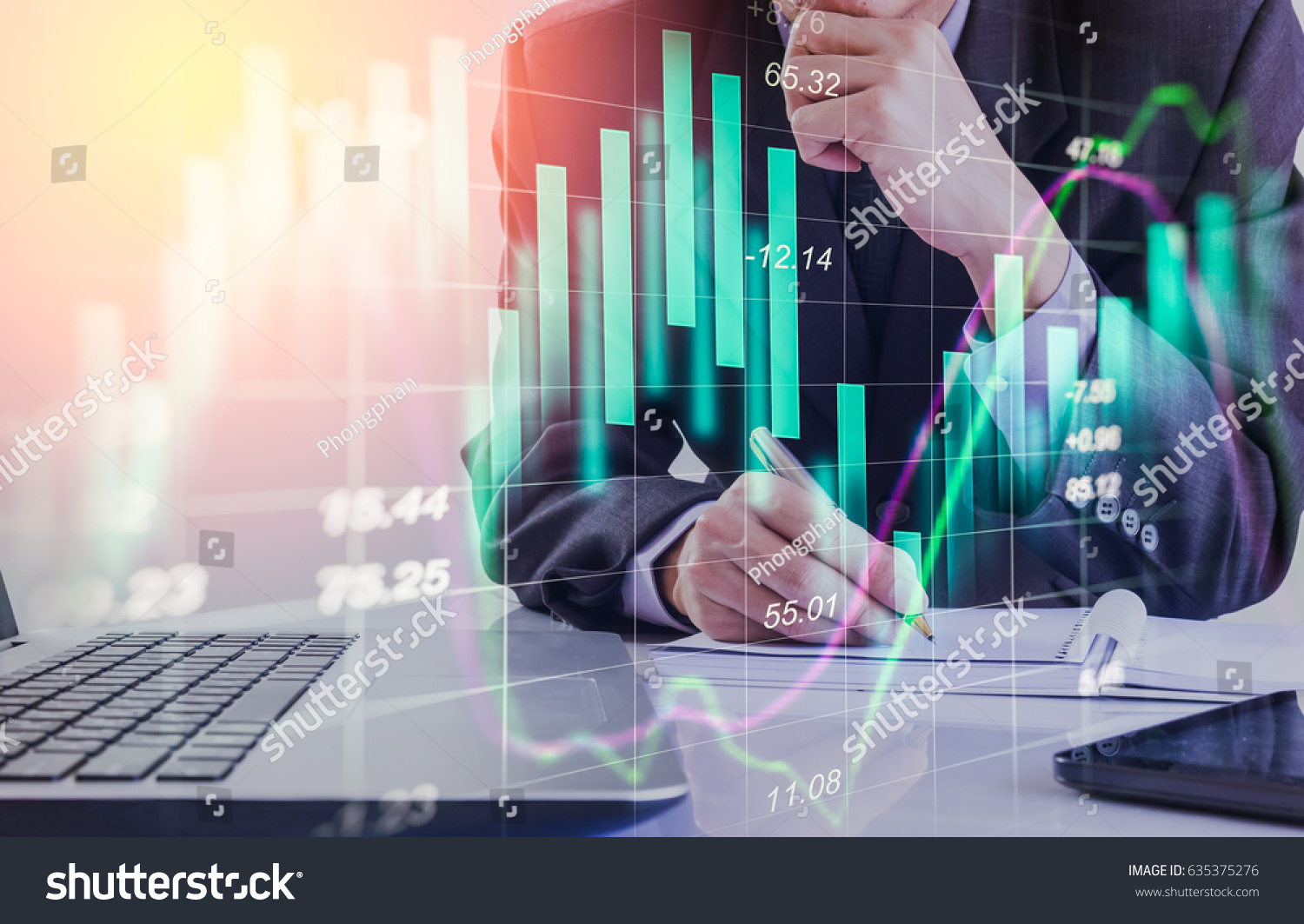Double exposure businessman and stock market or forex graph suitable for financial investment concept. Economy trends background for business idea and all art work design. Abstract finance background. #635375276
