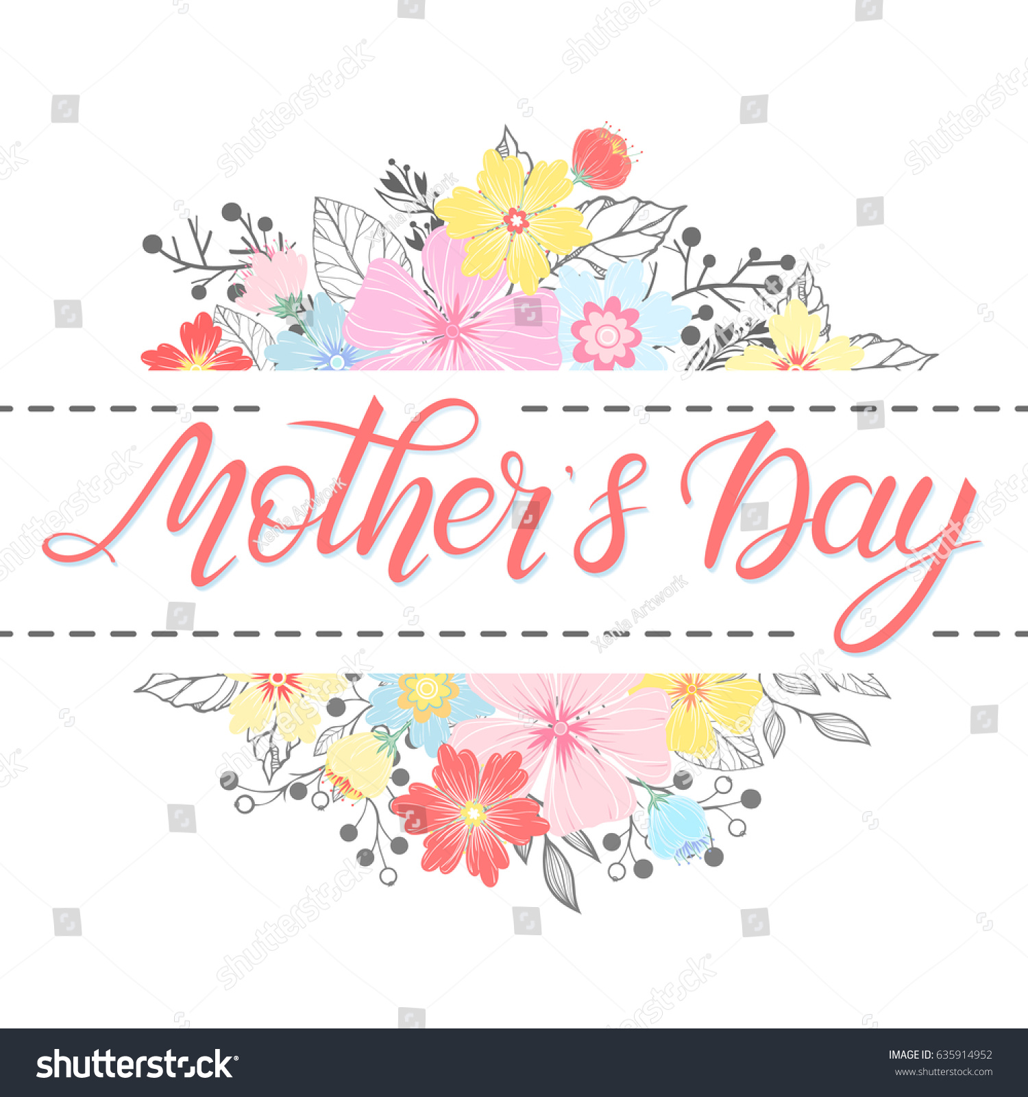 Happy Mothers Day typography. Mothers Day - hand drawn lettering with floral elements,leaves and flowers.Seasons greetings card perfect for prints,banners,invitations,special offer and more. #635914952
