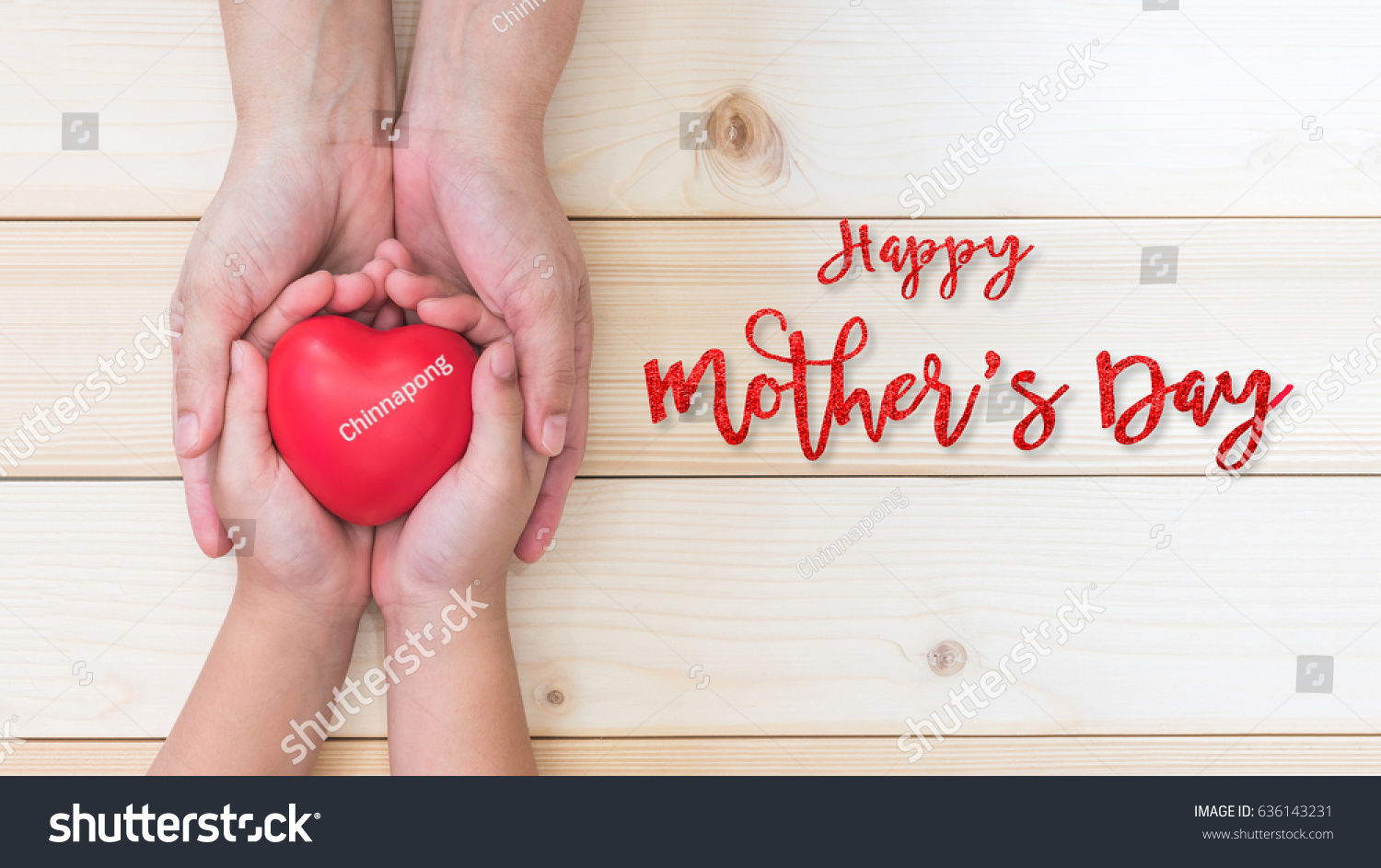 Happy Mother's day and love you Mom holiday greeting card with  woman support kid's hands giving red heart gift  #636143231