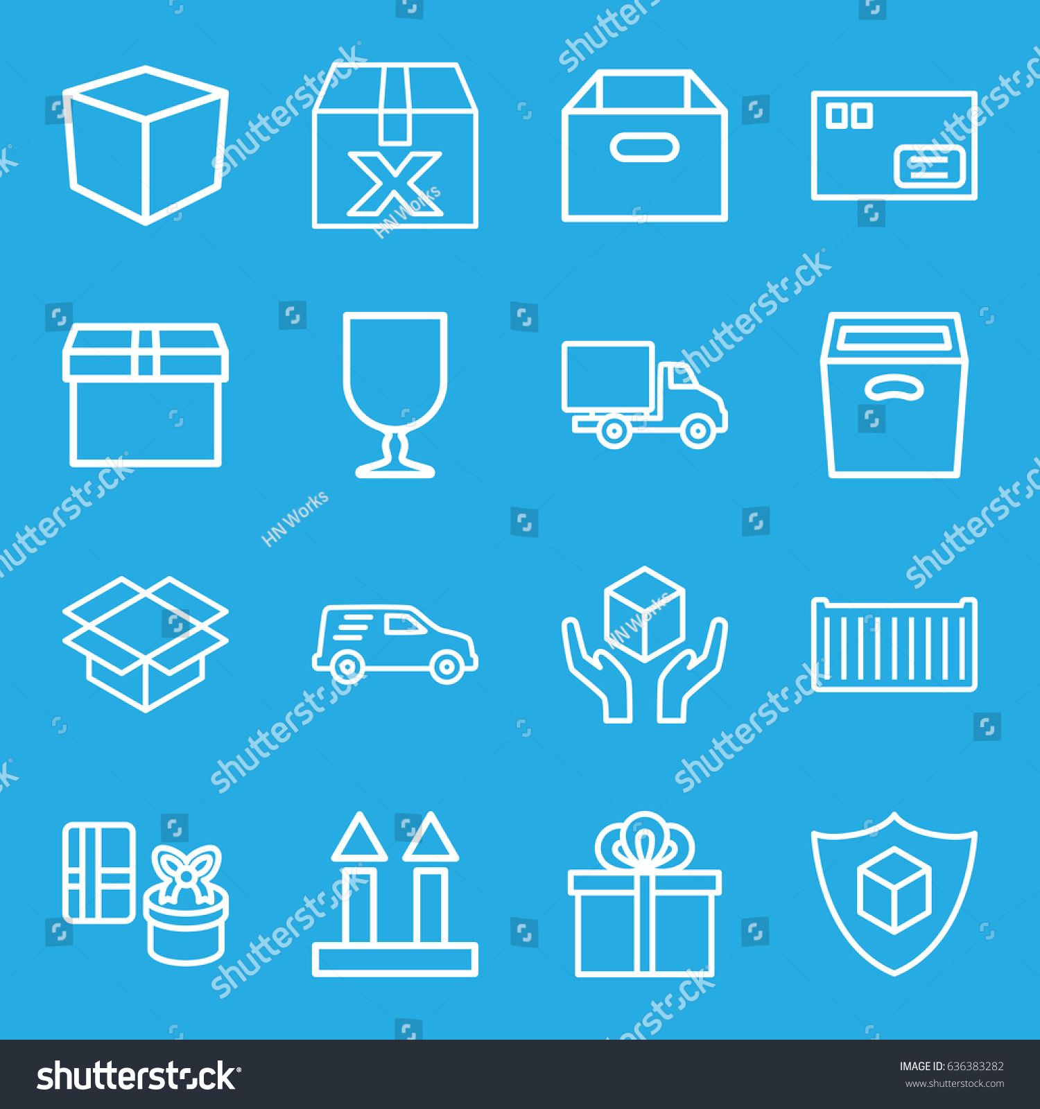 Parcel icons set. set of 16 parcel outline icons such as cargo box, cargo arrow up, handle with care, box, delivery car, gift, parcel #636383282