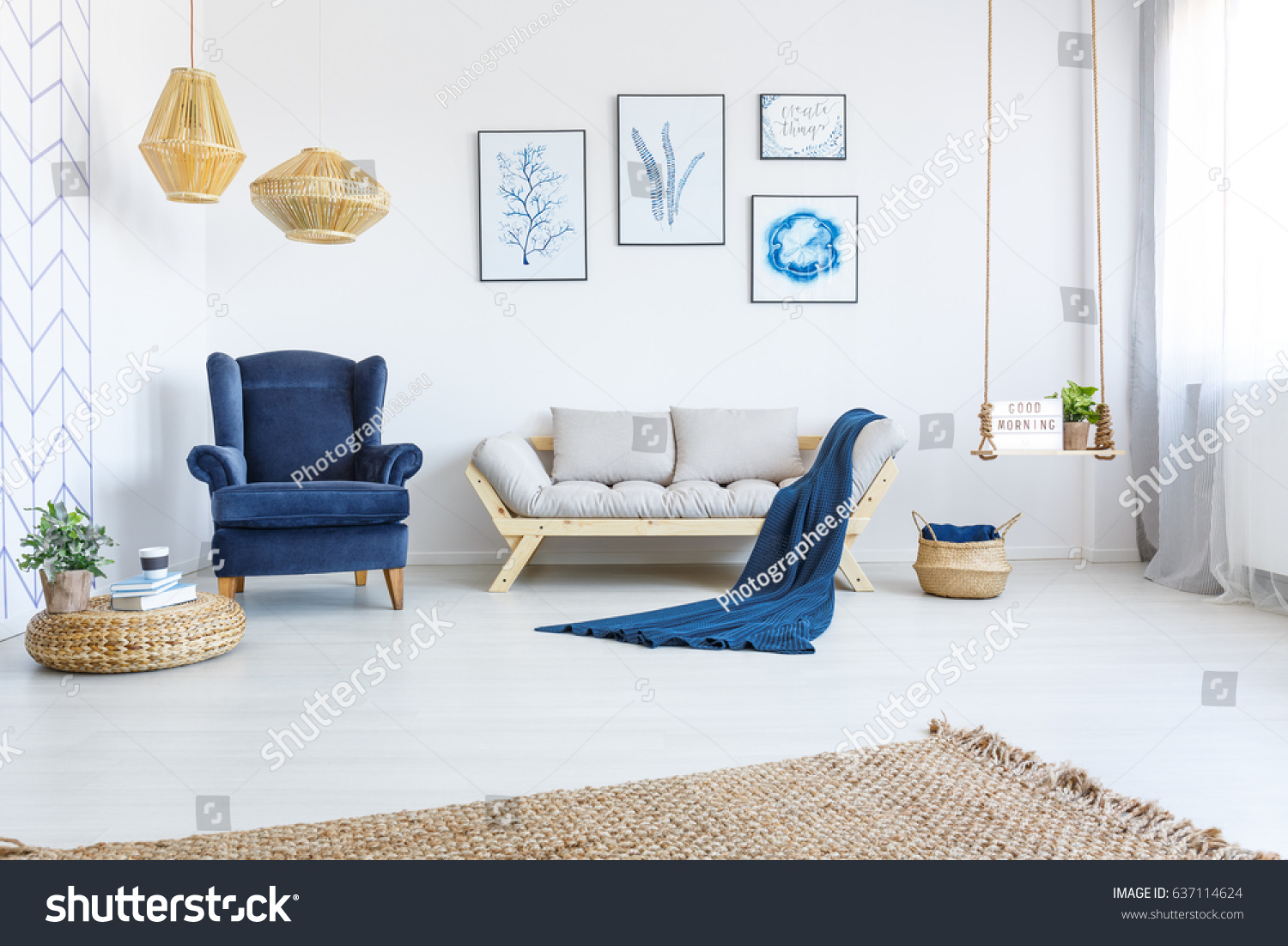 White home interior with sofa, armchair, posters, lamps and rug #637114624