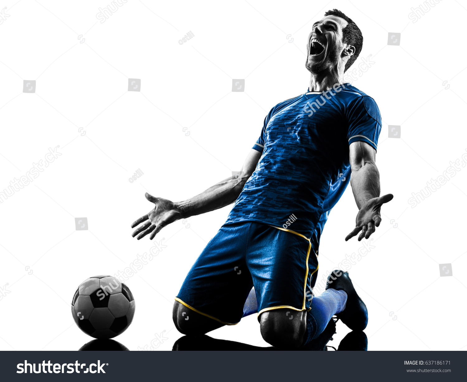 one caucasian soccer player man happy celebration  in silhouette isolated on white background #637186171