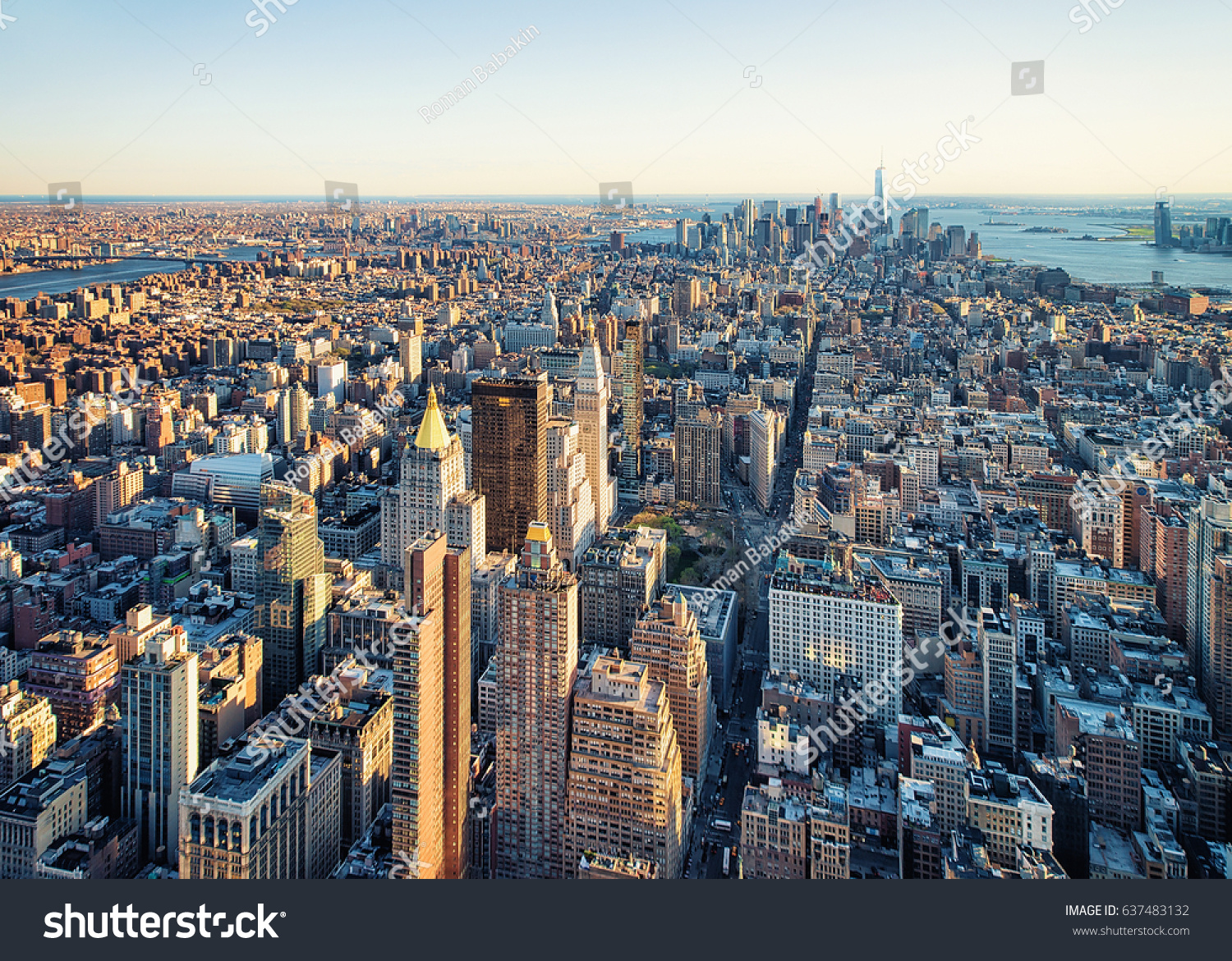 Aerial view to Skyline with Skyscrapers in Downtown Manhattan and Lower Manhattan, New York City, USA. #637483132