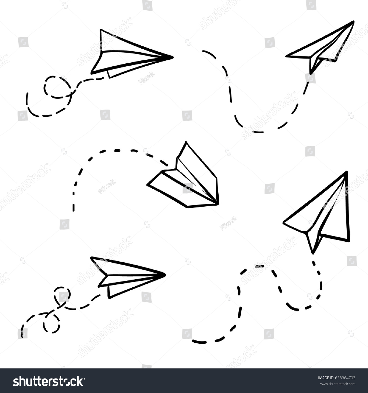 Vector paper airplane. Travel, route symbol. Set of vector illustration of hand drawn paper plane. Isolated. Outline. Hand drawn doodle airplane. Black linear paper plane icon. #638364703